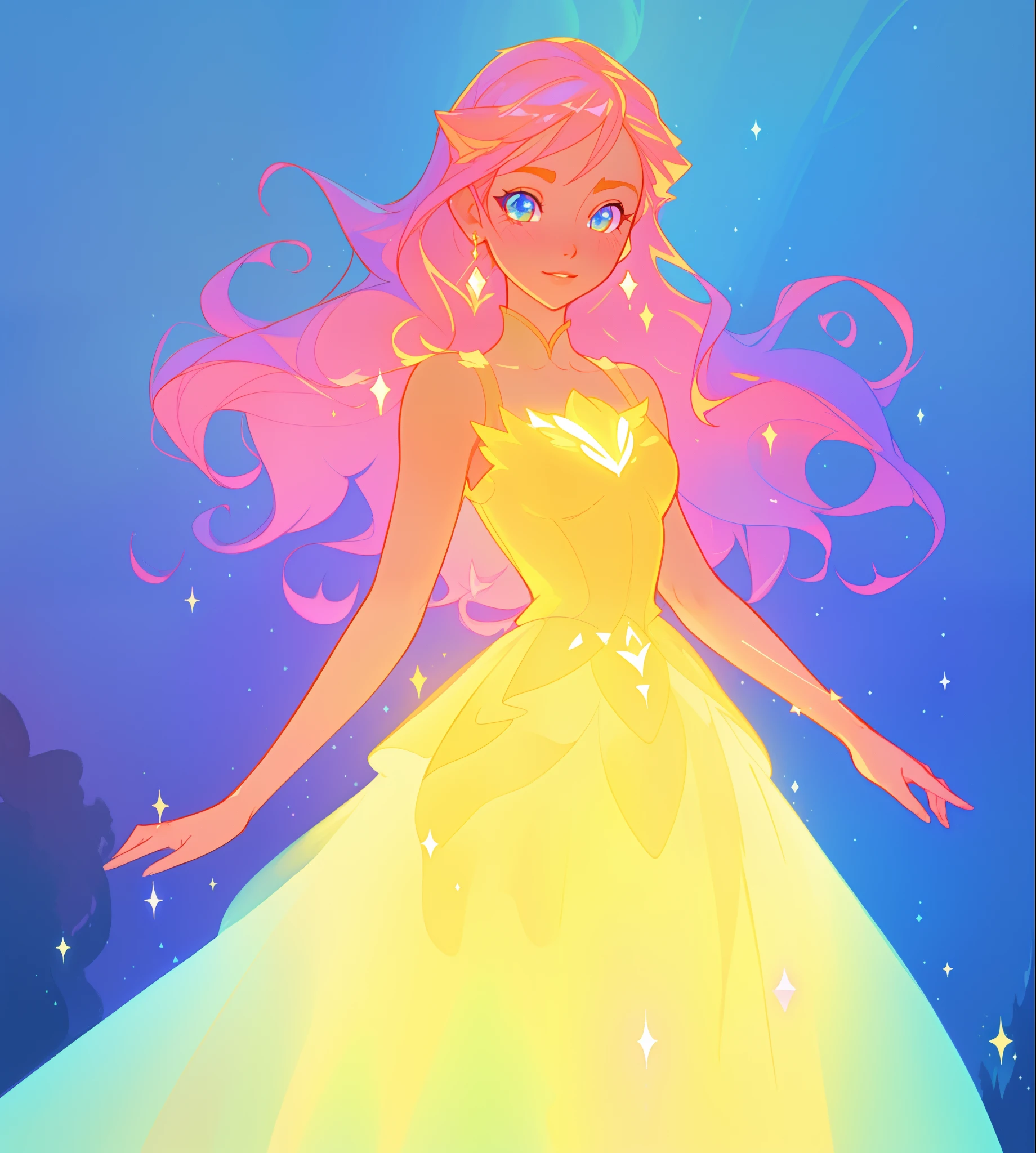 beautiful girl, puffy tiered ballgown, vibrant pastel colors, (colorful), glowing golden long hair, magical lights, sparkling magical liquid, inspired by Glen Keane, inspired by Lois van Baarle, disney art style, by Lois van Baarle, glowing aura around her, by Glen Keane, jen bartel, glowing lights! digital painting, flowing glowing hair, glowing flowing hair, beautiful digital illustration, fantasia background, whimsical, magical, fantasy, ((beautiful face)), ((masterpiece, best quality)), intricate details, highly detailed, sharp focus, 8k resolution, sparkling detailed eyes, liquid watercolor