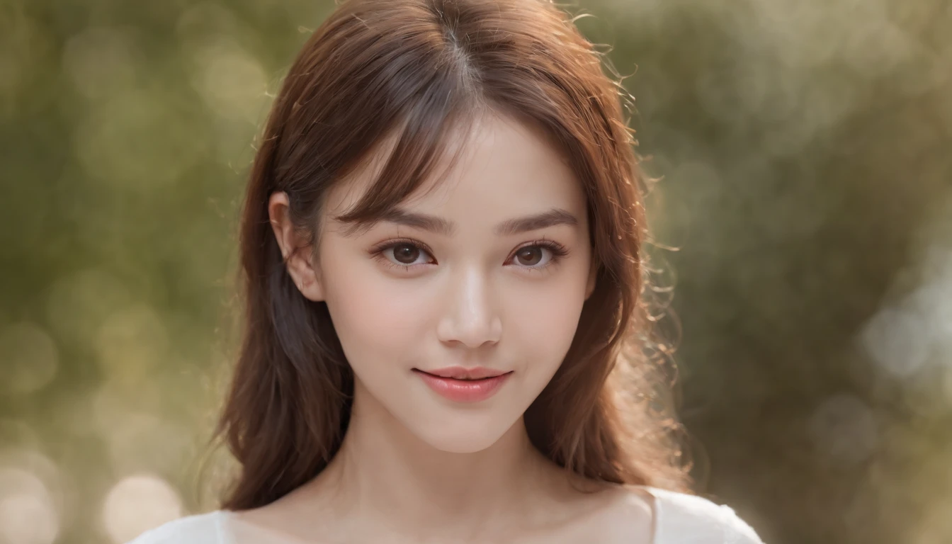 (RAW photo,best quality),(realistic,photo-realistic:1.2),a close up portrait photo,smile,(high detailed skin:1.4),soft lighting,high quality,1girl,solo,puffy brown eyes, bangs, hair between eyes, fair skin,naughty face,cute,cute 22yo girl, ((photoreal)),highly detailed, depth of focus, perfect white balance,white shirt,full body, large breasts, glamor,Business professional attire, Conservative and tailored clothing,gray or black or navy suits,Detailed facial expressions,