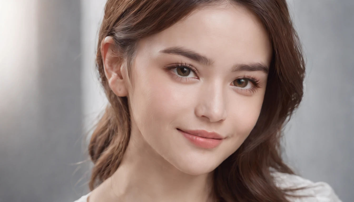 (RAW photo,best quality),(realistic,photo-realistic:1.2),a close up portrait photo,smile,(high detailed skin:1.4),soft lighting,high quality,1girl,solo,puffy brown eyes, bangs, hair between eyes, fair skin,naughty face,cute,cute 22yo girl, ((photoreal)),highly detailed, depth of focus, perfect white balance,white shirt,full body, large breasts, glamor,Business professional attire, Conservative and tailored clothing,gray or black or navy suits,Detailed facial expressions,