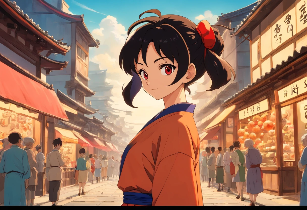 Videl de dragon ball con el cabello corto y unos ojos color cafe con un traje rojo que le llega asta las rodillas con unos cokones color negro yen el fondo esta una ciudad con edificios que le rebotan la lus del sol
