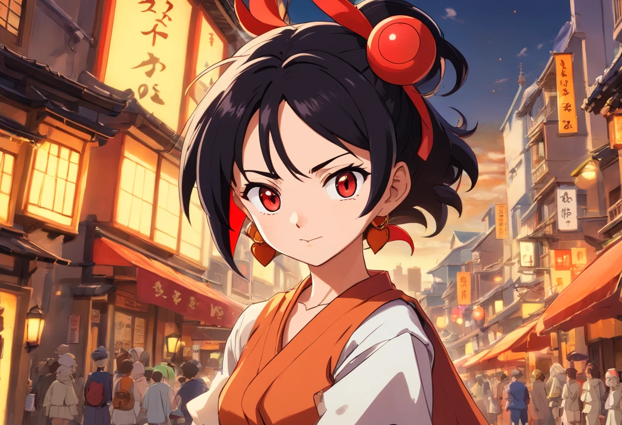 Videl de dragon ball con el cabello corto y unos ojos color cafe con un traje rojo que le llega asta las rodillas con unos cokones color negro yen el fondo esta una ciudad  con edificios que le rebotan la lus del sol