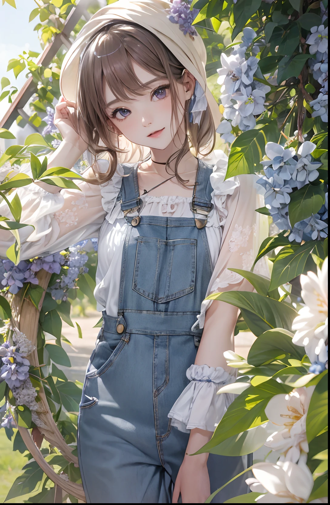 absurderes, ultra-detailliert,bright colour,(in 8K:1.3),masuter piece,extremely beautiful detailed face and eyes,vineyard、Lilac skin、Summer morning、Guibli、Valley、blue-sky、Camisole,dungarees