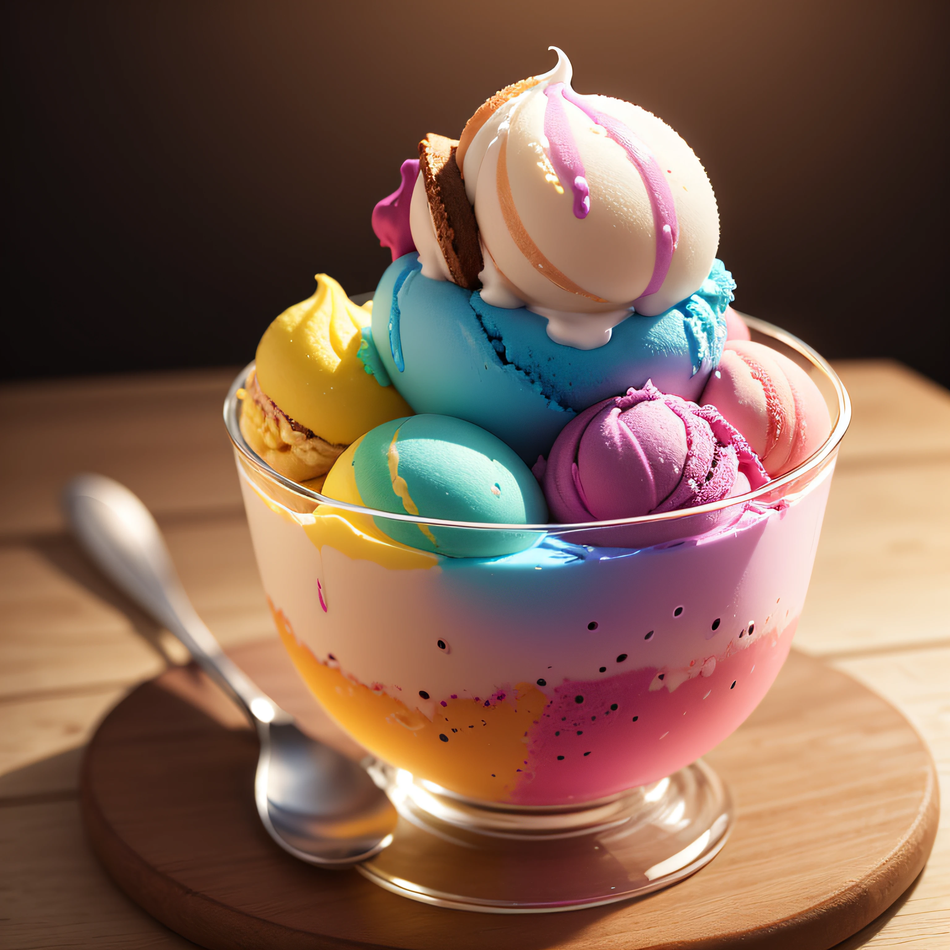 ((colorful ice cream in a glass cup)), blurred background, food photography, realistic, professional photography, highly detailed, 8k, realism, super detailed.