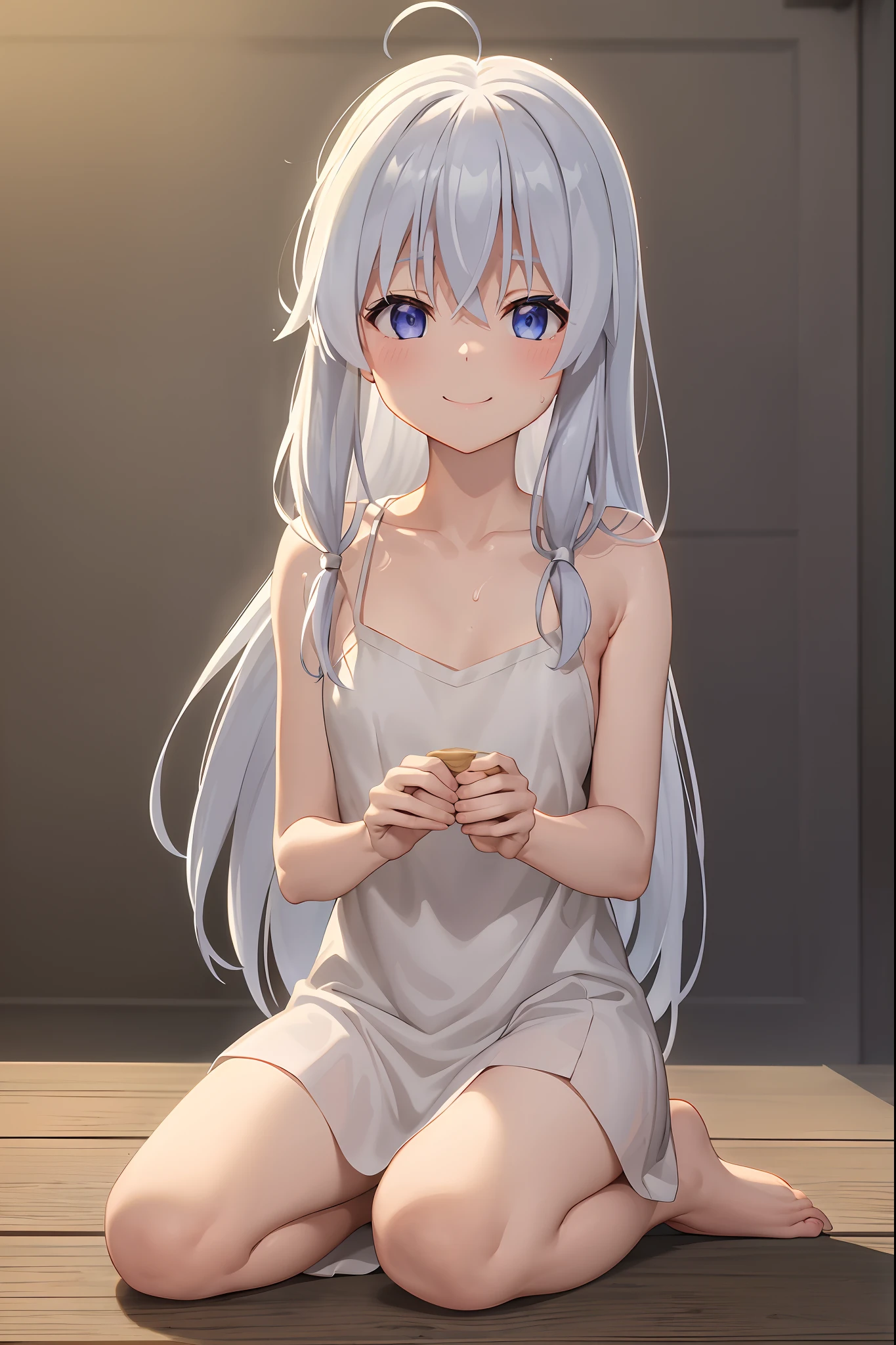 ph elaina, Eoutfit1, elaina (majo no tabitabi), (masterpiece:1.6, best quality), solo, long hair, ahoge, hair between eyes, collarbone, blue eyes, bangs, white hair, sleeveless, bare shoulders, shiny hair, camisole, spaghetti strap, white shirt, purple eyes, shiny, sleeveless shirt, blush, very long hair, sidelocks, sleeveless dress, dress, sweat, smile, sweat , (from side), kneeling