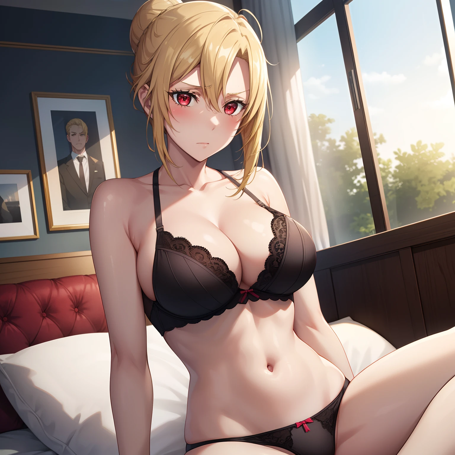 1girl,big breasts,hotel room,bed,(8k),
,detailed face,blond hair,red eyes,medium hair,bun,embarassed,shy,high_res, high_definition,battlefield,sexy pose,black sexy lingerie,