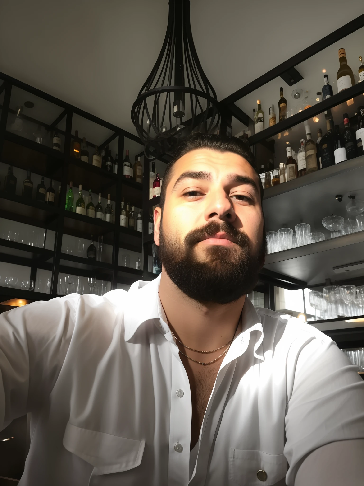 there is a man sitting at a bar with a glass of wine, in a bar, selfie of a man, very very low quality picture, taken in the early 2020s, 8k selfie photograph, standing in a restaurant, young greek man, reddit post, portrait shot 8 k, at a bar, looking straight to camera, selfie photo