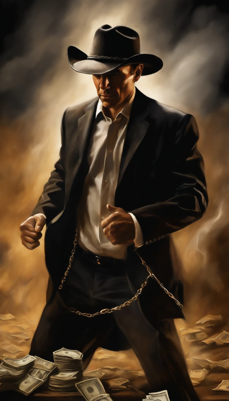 Man fighting money, Oil Painting, Harsh brush strokes, Dramatic Lighting, intense expression, Determined eyes, hold fists, sweat dripping down his face, Wrinkled suit, broken chains, Crumbling dollar bills, Crumbling Stock Market Graph, Smoke rises in the background, Black and white with a touch of gold, Realism. (Best Quality, hight resolution, Ultra-detailed), (Realistic:1.37), Professional, Vivid colors. Cowboy hat