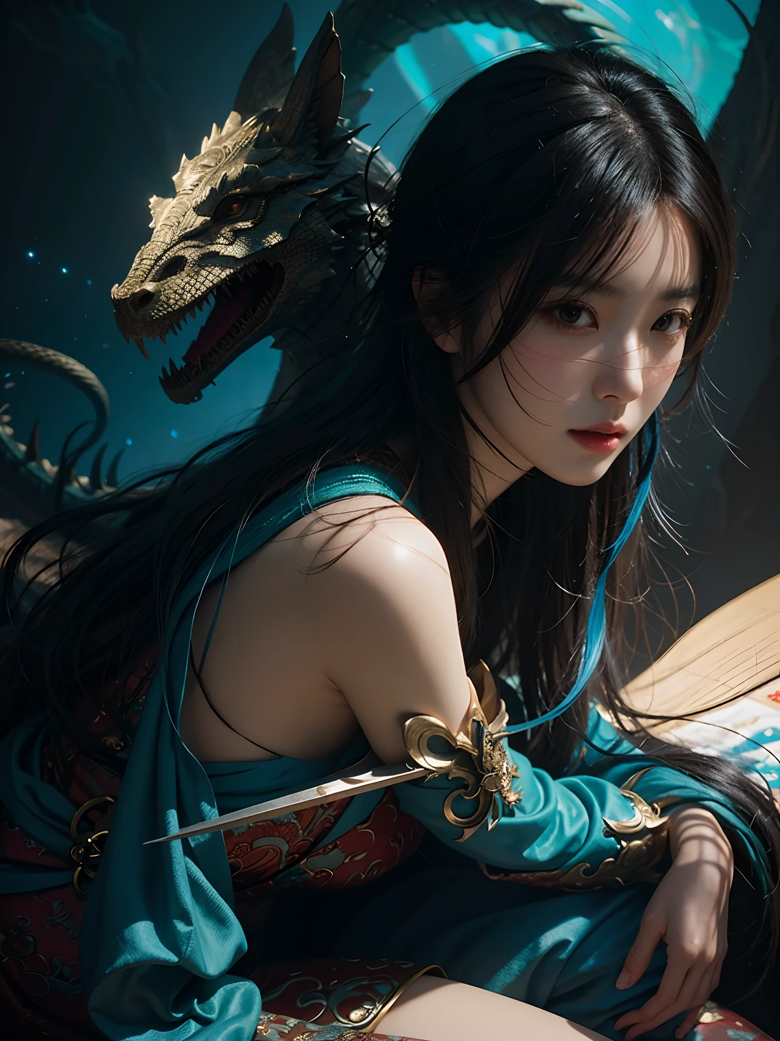 Close up portrait of woman sitting on chair with dragon, a beautiful fantasy empress, very detailed Artgerm, by Yang J, chinese fantasy, artgerm and ruan jia, ruan jia and artgerm, anime fantasy artwork, inspired by Pu Hua, anime fantasy illustration, goddess of Japan, anime goddess, ArtGerm. Anime Illustration