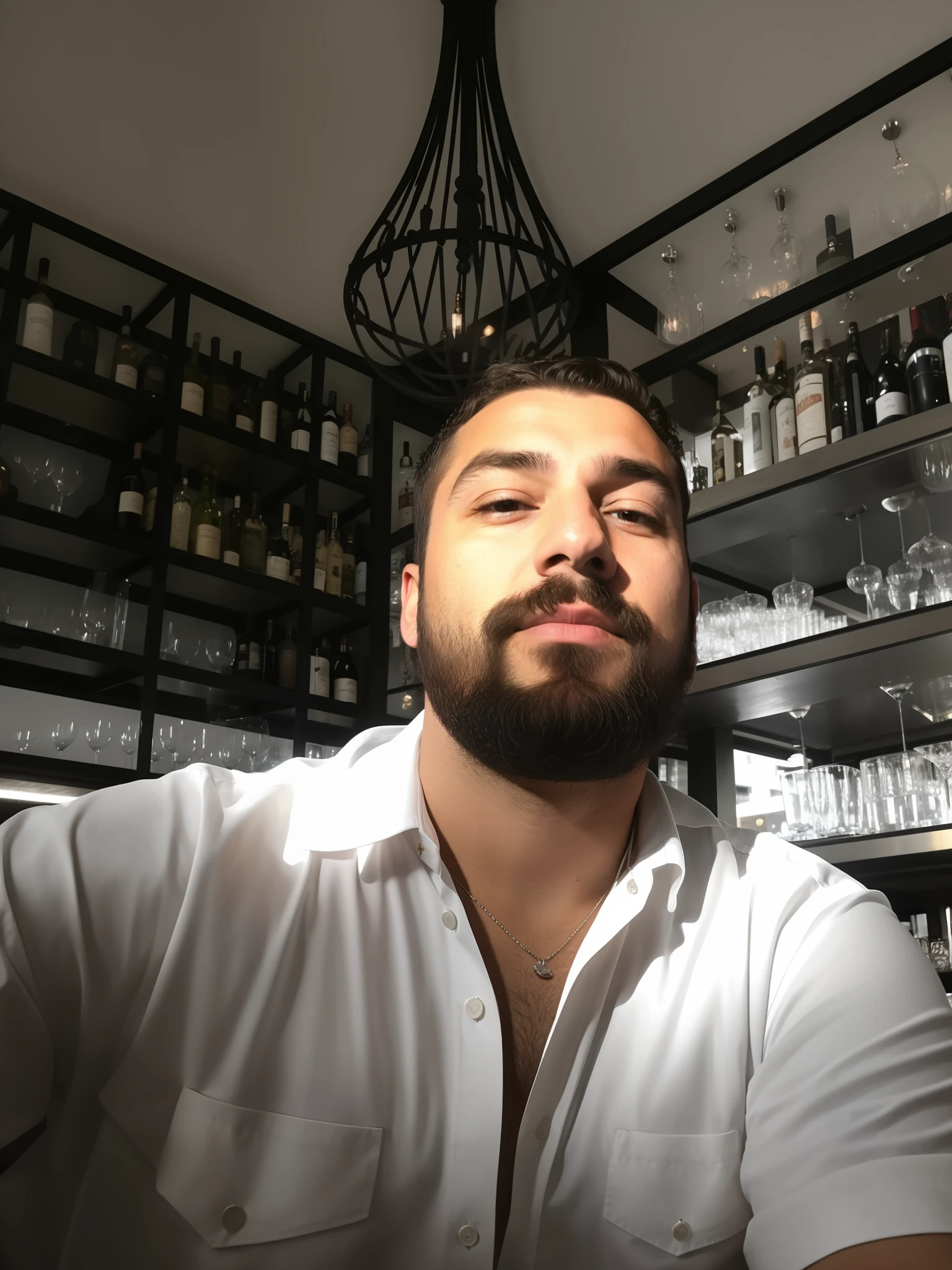 there is a man sitting at a bar with a glass of wine, in a bar, selfie of a man, very very low quality picture, taken in the early 2020s, 8k selfie photograph, standing in a restaurant, young greek man, reddit post, portrait shot 8 k, at a bar, looking straight to camera, selfie photo
