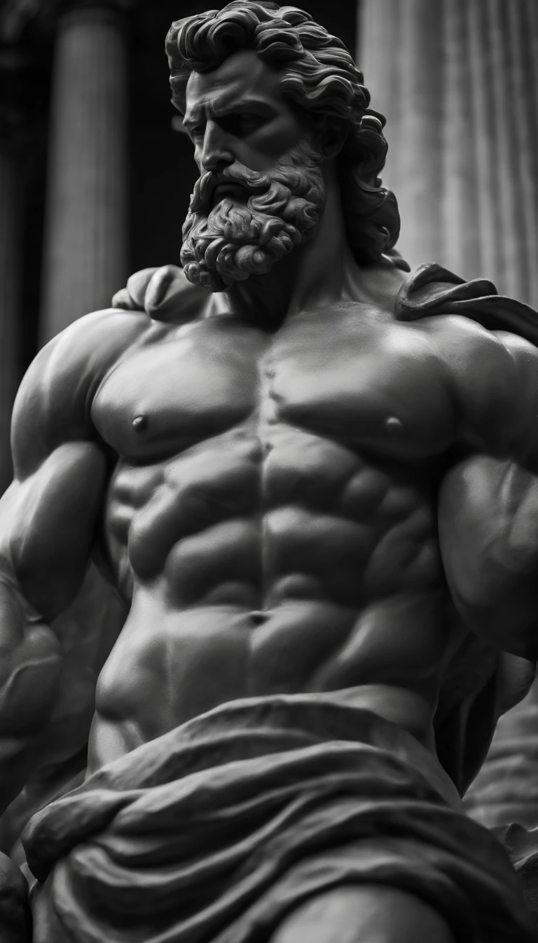 a statue of a man with a beard, a statue inspired by Exekias, featured on zbrush central, digital art, statue of hercules looking angry, muscular character, realistic 8k bernini sculpture