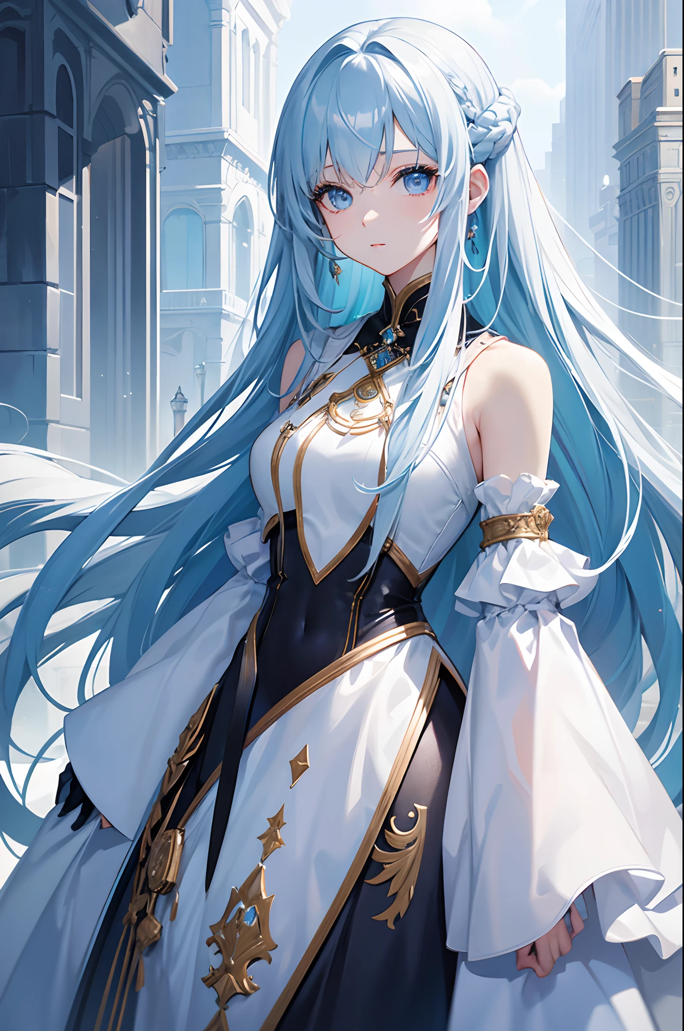 Cover magazine. Solo. 1-woman. Adult women. A beauty woman with long white hair. Her eyes were light blue. She in modern style. Fantasy. Unusual hairstyle. There are accessories on her clothes. Future theme. Half body potrait. Model. Ice theme