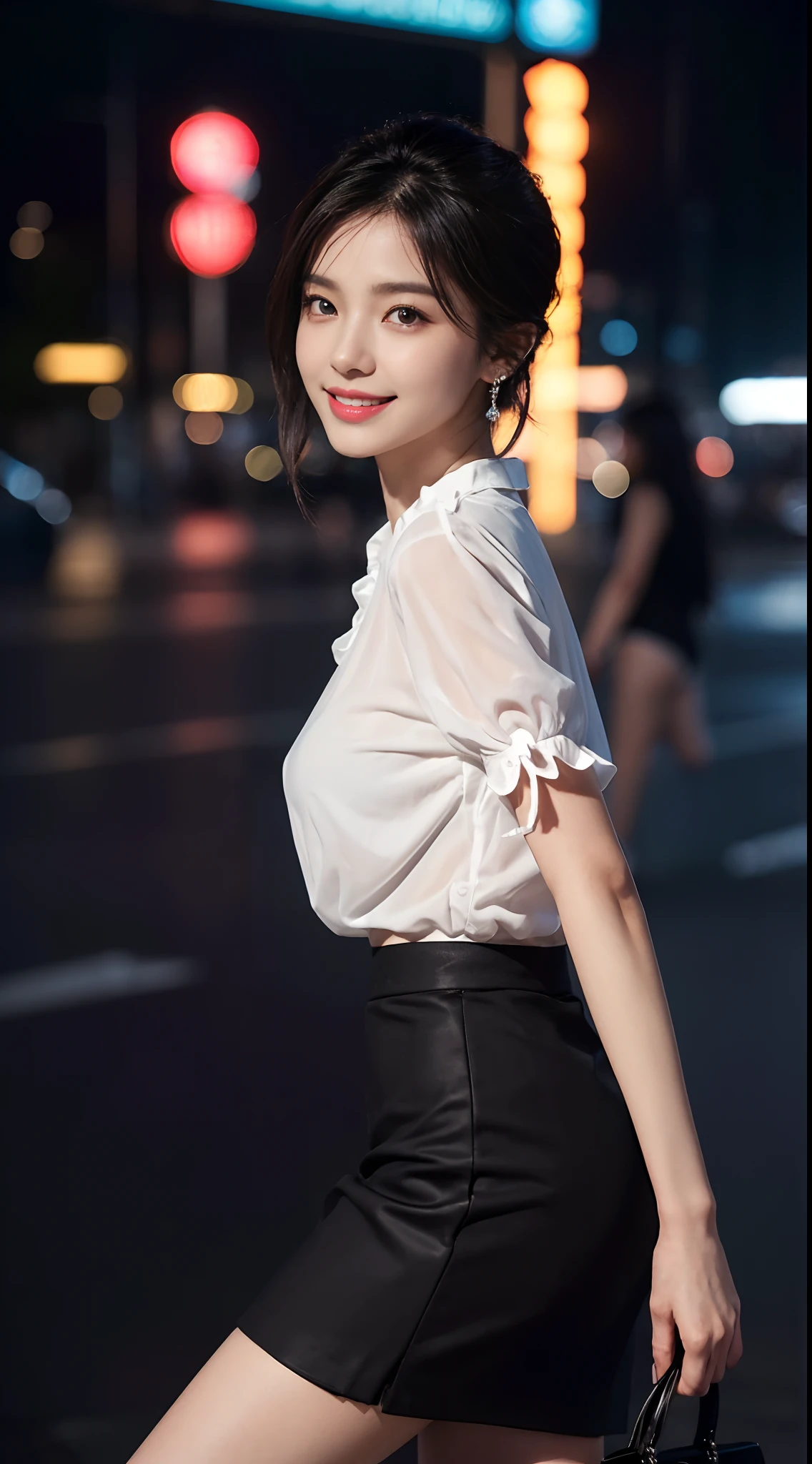 8k, masterpiece, RAW photo, best quality, photorealistic, extremely detailed CG unity 8k wallpaper, Depth of field, Cinematic Light, Lens Flare, Ray tracing, (extremely beautiful face, beautiful lips, beautiful eyes), intricate detail face, ((ultra detailed skin)) 1girl, in the dark, deep shadow, pretty Asian girl, idol, 1 girl, (very slim slender fit-muscled body:1.3), ((looking at viewer)),(big smile:1.3), ((laced blouse)), (short sleeve) , (daylight big buildings, tree, (blurred background), (night), cityscape, rooftops, beautiful earrings, clear eyes, (pale skin), (big eyes), face forward, (brown hairs),((plaid skirt)), (looking at viewer:1.3), (open breast), (very slim), medium breasts, thick thighs, medium butts, close up, see through, slim legs