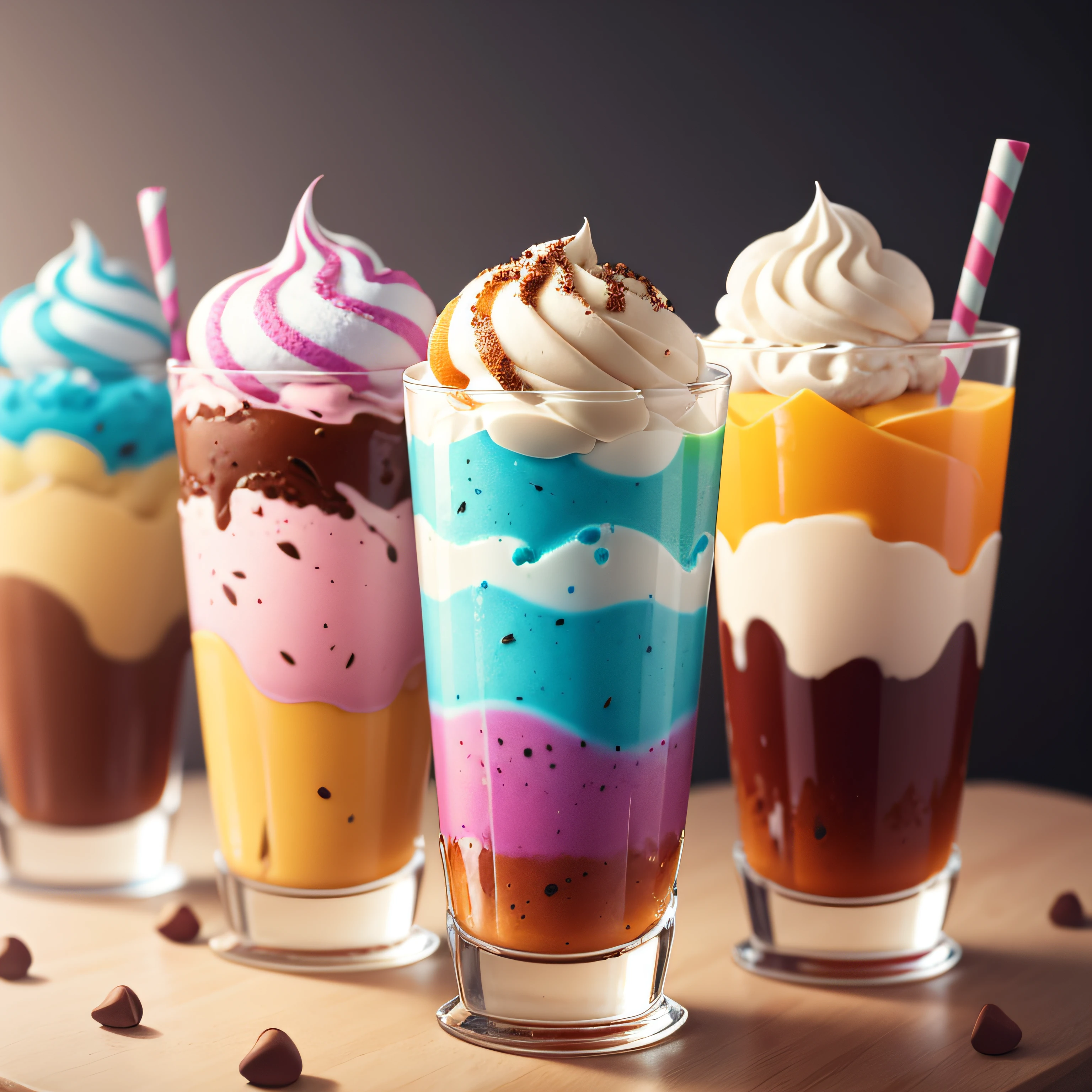 a row of colorful ice cream in a glass cup, blurred background, food photography, realistic, professional photography, highly detailed, 8k, realism, super detailed.