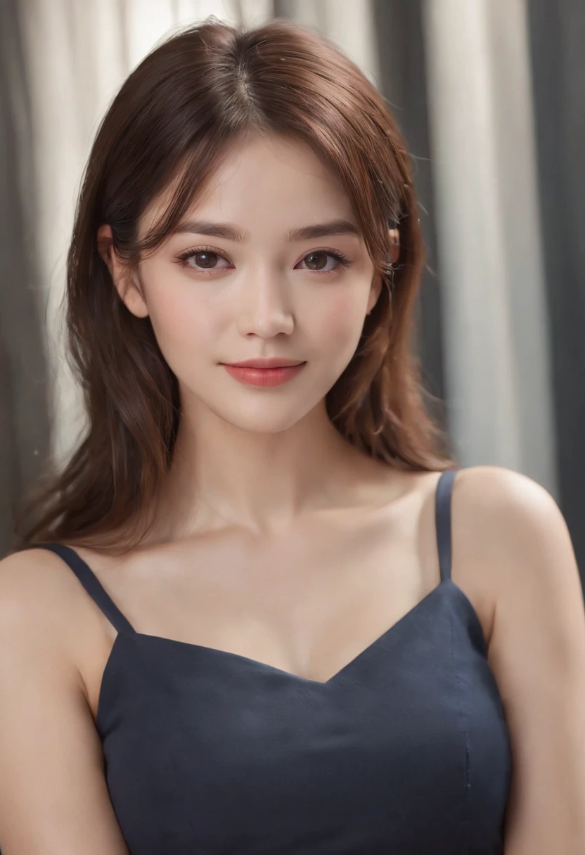 (RAW photo,best quality),(realistic,photo-realistic:1.2),a close up portrait photo,smile,(high detailed skin:1.4),soft lighting,high quality,1girl,solo,puffy brown eyes, bangs, hair between eyes, fair skin,naughty face,cute,cute 22yo girl, ((photoreal)),highly detailed, depth of focus, perfect white balance,white shirt,(full body), large breasts, glamor,Business professional attire, Conservative and tailored clothing,gray or black or navy suits,Detailed facial expressions,