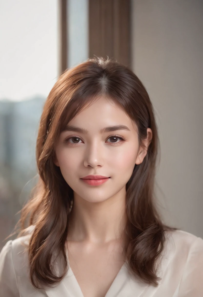 (RAW photo,best quality),(realistic,photo-realistic:1.2),a close up portrait photo,smile,(high detailed skin:1.4),soft lighting,high quality,1girl,solo,puffy brown eyes, bangs, hair between eyes, fair skin,naughty face,cute,cute 22yo girl, ((photoreal)),highly detailed, depth of focus, perfect white balance,white shirt,(full body), large breasts, glamor,Business professional attire, Conservative and tailored clothing,gray or black or navy suits,Detailed facial expressions,