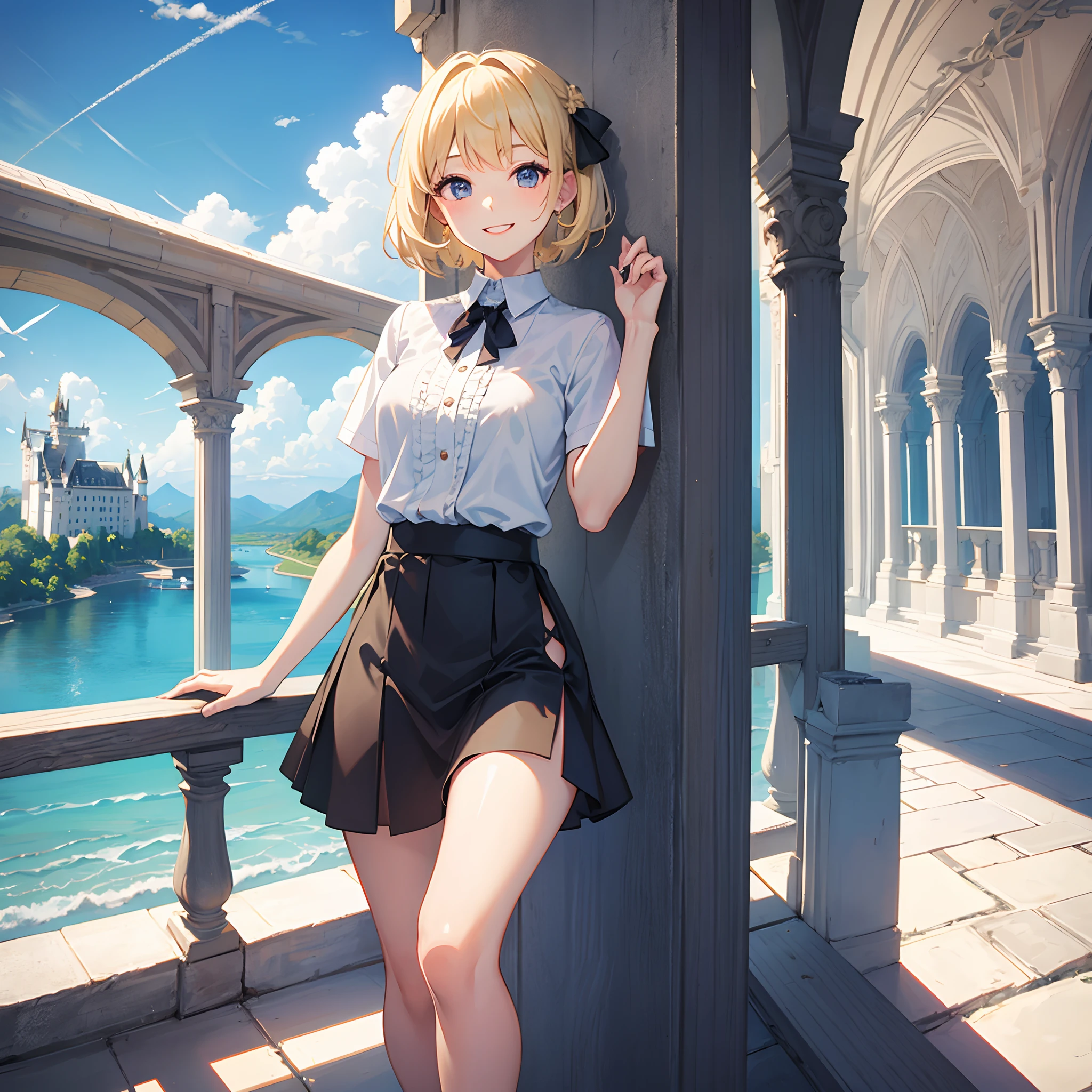 Masterpiece, 1 girl, smiling, european, skirt, (small) chillerism, short blonde hair, Neuschwanstein Castle, summer