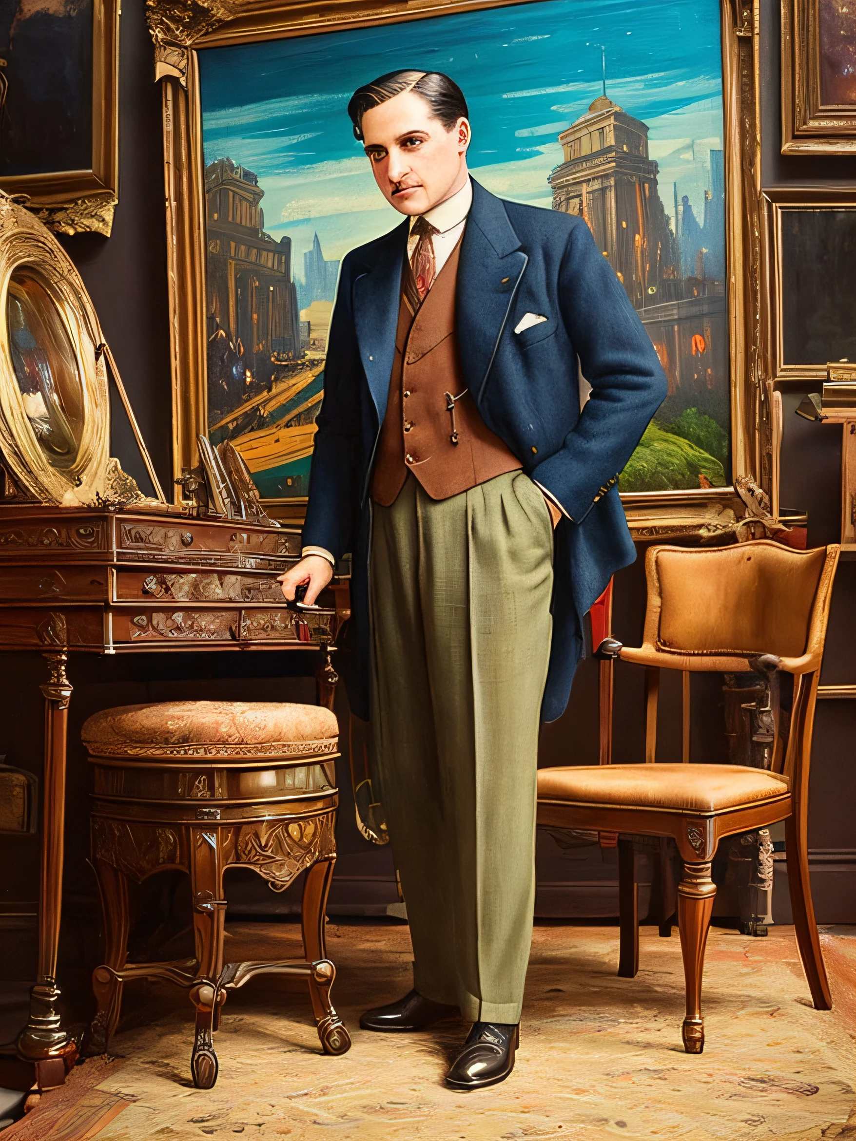 middle-aged man in 1920s clothes with dark hair in antique artists chair, artist, complex stuff around, intricate in the background, art, close up, painting, detailed, cartoon, cinematic shot, vintage, low saturation, vignette, extremely hyper aesthetic, complex stuff around