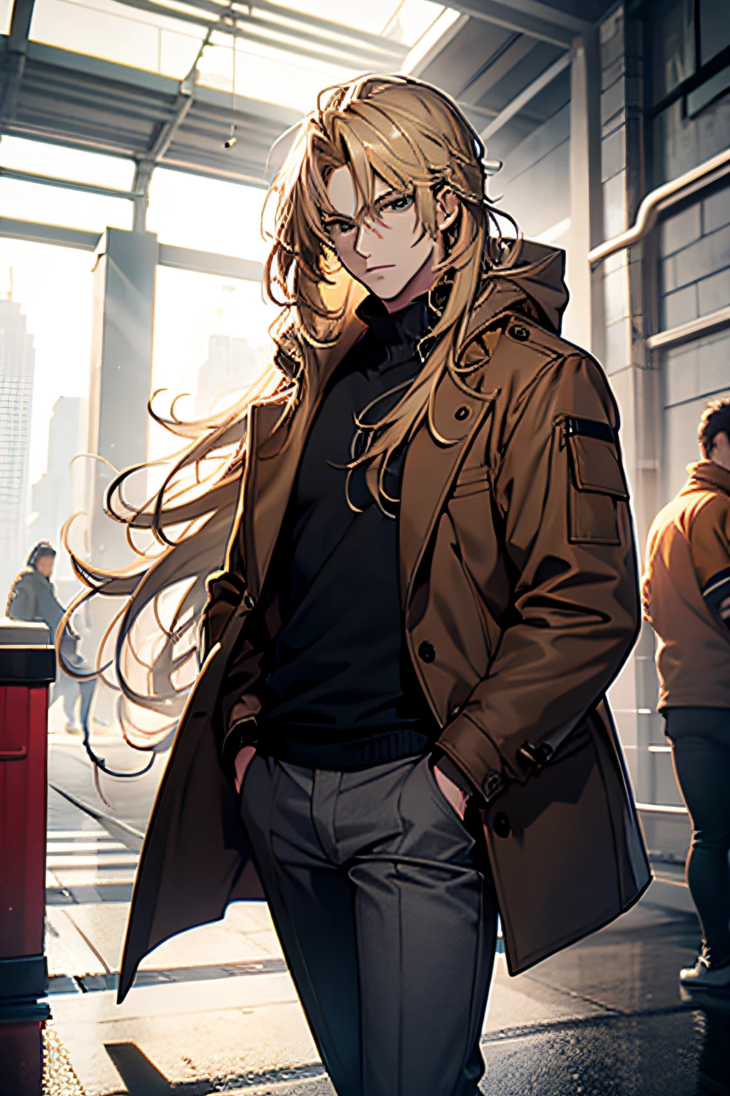 Male, Long Blonde Hair, Brown Jacket, Grey pants