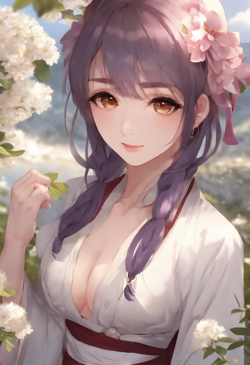 (best quality:1.1), (masterpiece:1.2), portrait,
1girl, yuzuriha_(jigokuraku), purple hair, brown eyes, ninja, open clothes, cleavage, small breasts, topknot, medium hair, breasts apart, white obi, smirk, outdoors, (blush:1.1), flowers,
Pure_Innocent_girl, pureerosface_v1, (face closeup),  pov, (((depth of field))), pale and lustrous skin,