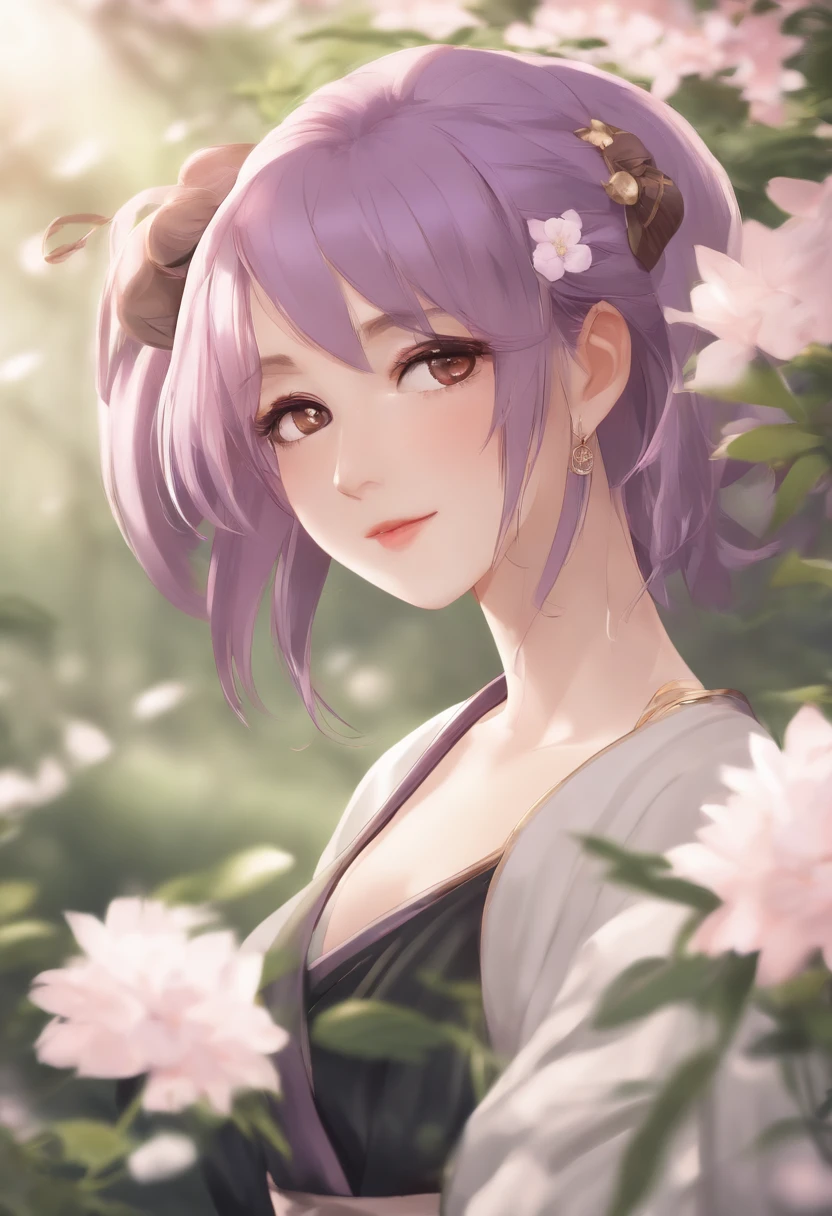 (best quality:1.1), (masterpiece:1.2), portrait,
1girl, yuzuriha_(jigokuraku), purple hair, brown eyes, ninja, open clothes, cleavage, small breasts, topknot, medium hair, breasts apart, white obi, smirk, outdoors, (blush:1.1), flowers,
Pure_Innocent_girl, pureerosface_v1, (face closeup), pov, (((depth of field))), pale and lustrous skin,