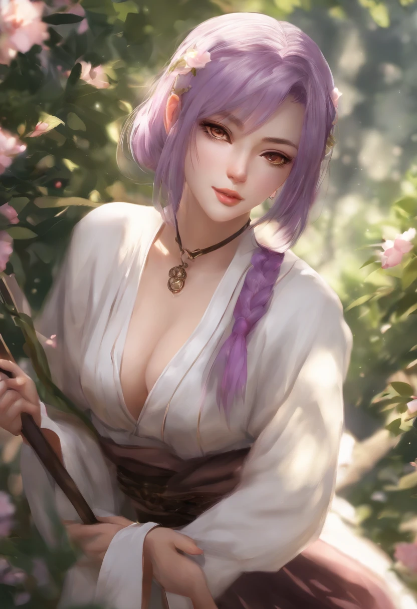 (best quality:1.1), (masterpiece:1.2), portrait,
1girl, yuzuriha_(jigokuraku), purple hair, brown eyes, ninja, open clothes, cleavage, small breasts, topknot, medium hair, breasts apart, white obi, smirk, outdoors, (blush:1.1), flowers,
Pure_Innocent_girl, pureerosface_v1, (face closeup), pov, (((depth of field))), pale and lustrous skin,