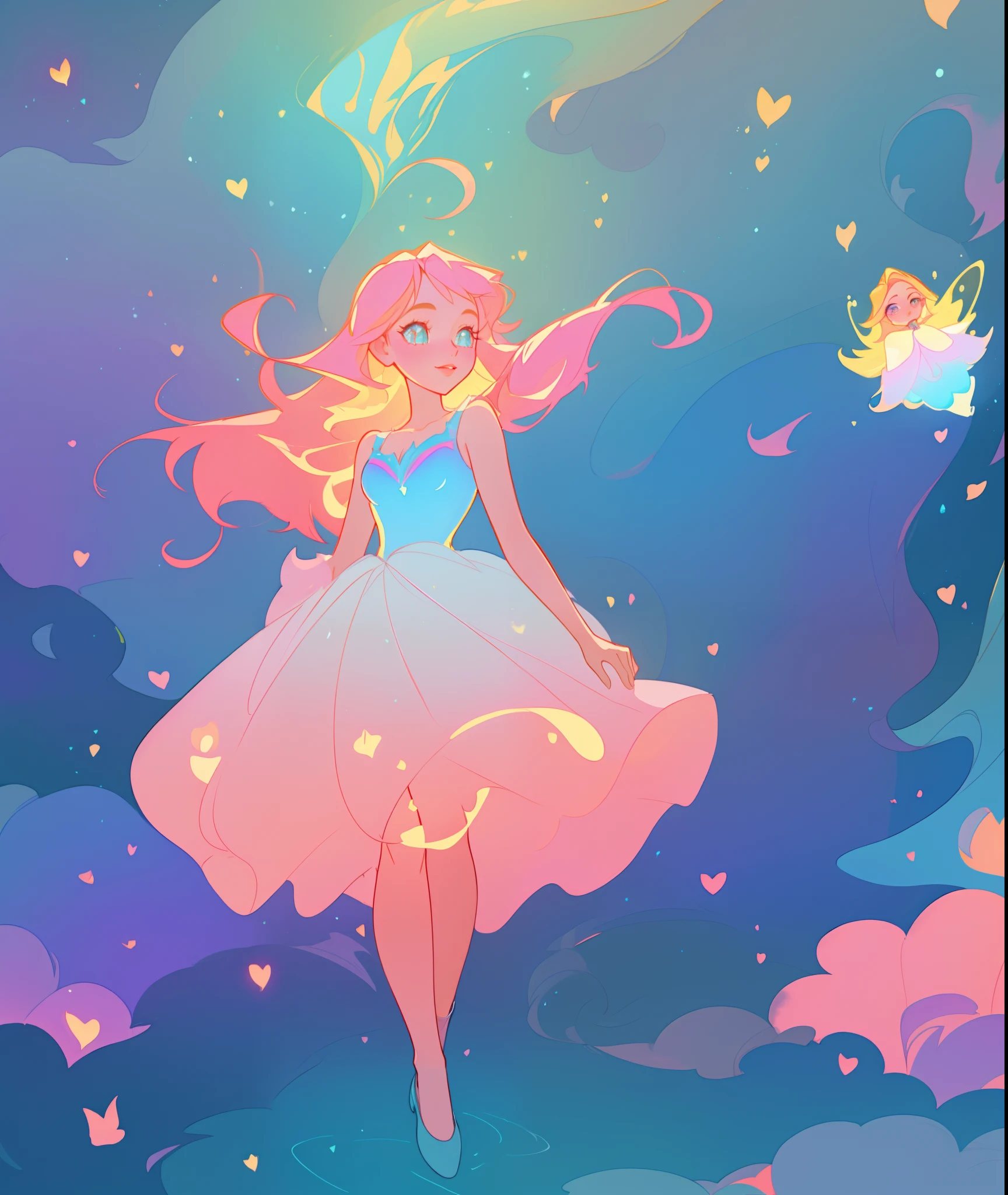 beautiful girl, puffy tiered ballgown, vibrant pastel colors, (colorful), glowing golden long hair, magical lights, sparkling magical liquid, inspired by Glen Keane, inspired by Lois van Baarle, disney art style, by Lois van Baarle, glowing aura around her, by Glen Keane, jen bartel, glowing lights! digital painting, flowing glowing hair, glowing flowing hair, beautiful digital illustration, fantasia background, whimsical, magical, fantasy, ((beautiful face)), ((masterpiece, best quality)), intricate details, highly detailed, sharp focus, 8k resolution, sparkling detailed eyes, liquid watercolor
