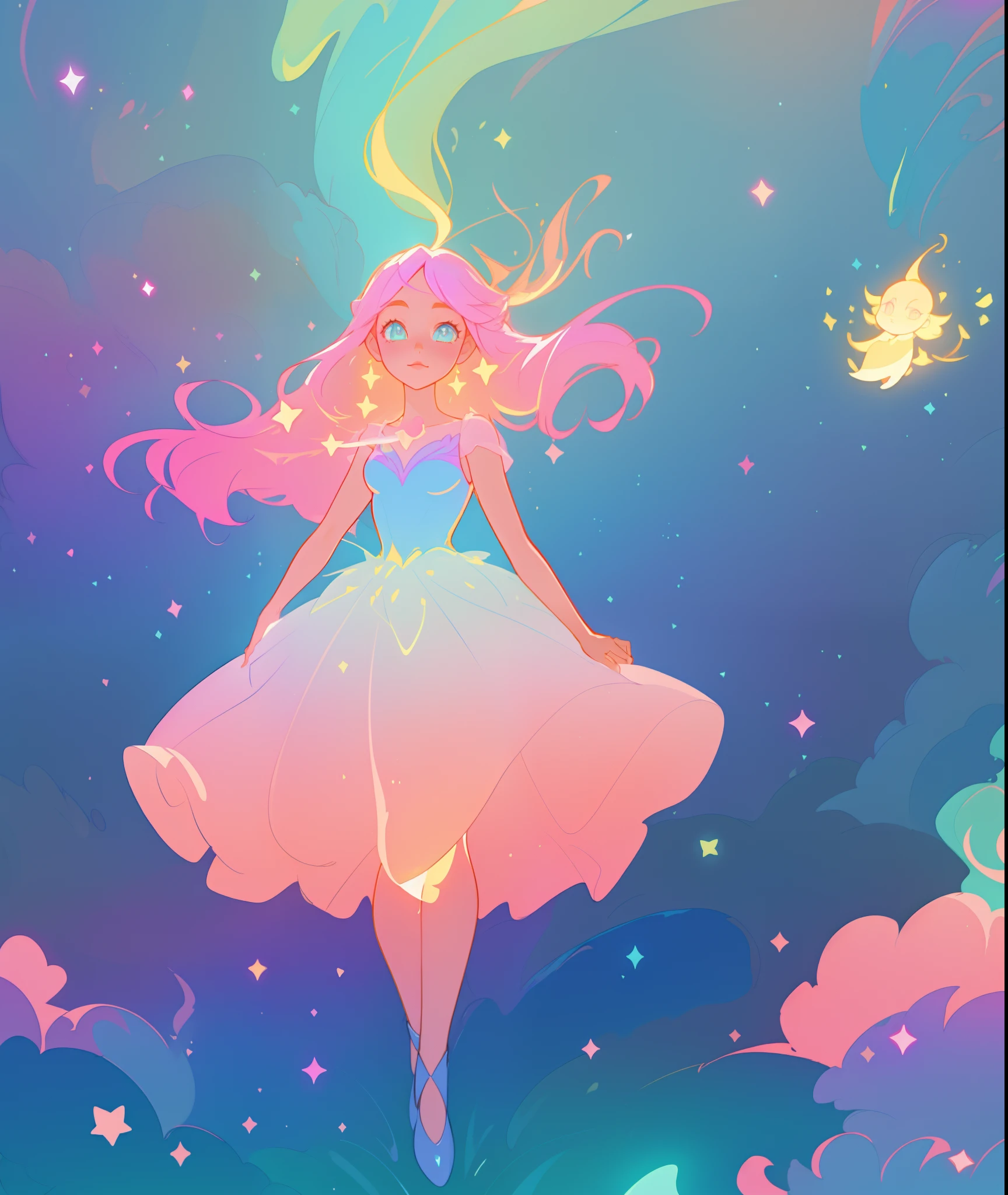 beautiful girl, puffy tiered ballgown, vibrant pastel colors, (colorful), glowing golden long hair, magical lights, sparkling magical liquid, inspired by Glen Keane, inspired by Lois van Baarle, disney art style, by Lois van Baarle, glowing aura around her, by Glen Keane, jen bartel, glowing lights! digital painting, flowing glowing hair, glowing flowing hair, beautiful digital illustration, fantasia background, whimsical, magical, fantasy, ((beautiful face)), ((masterpiece, best quality)), intricate details, highly detailed, sharp focus, 8k resolution, sparkling detailed eyes, liquid watercolor