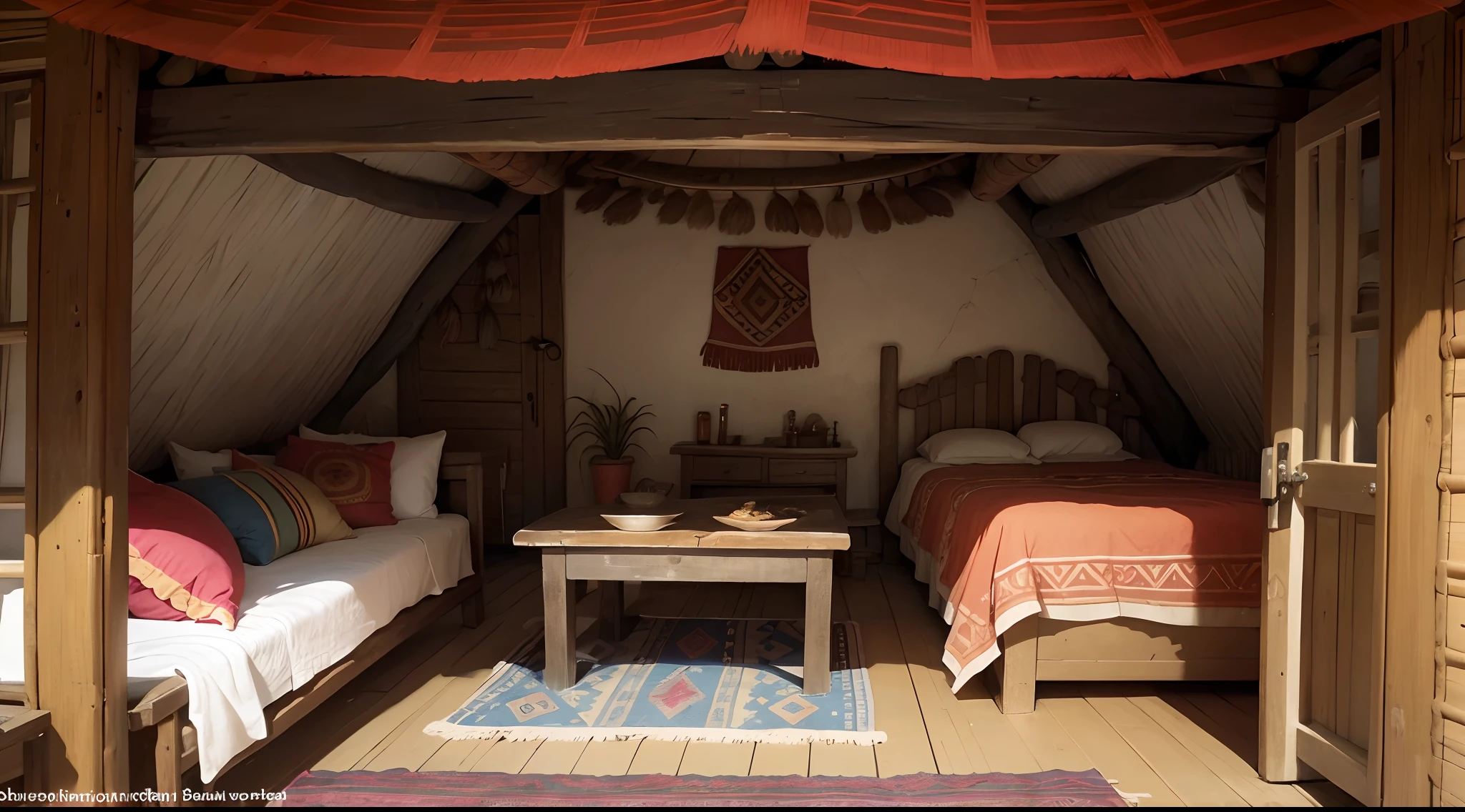 interior view of native amerindian Chieftain's hut, America, New world, daytime, either Arawak or Taino or Caribbean or Central American style, caribbean trunk, stones, background is grassland and mountain of ANTILLES ISLANDS, 15th century, ancient, barbarian, primitive culture, grass roof, grass wall, no man no girl ,no woman, no boy, no people, no human ,wallpaper