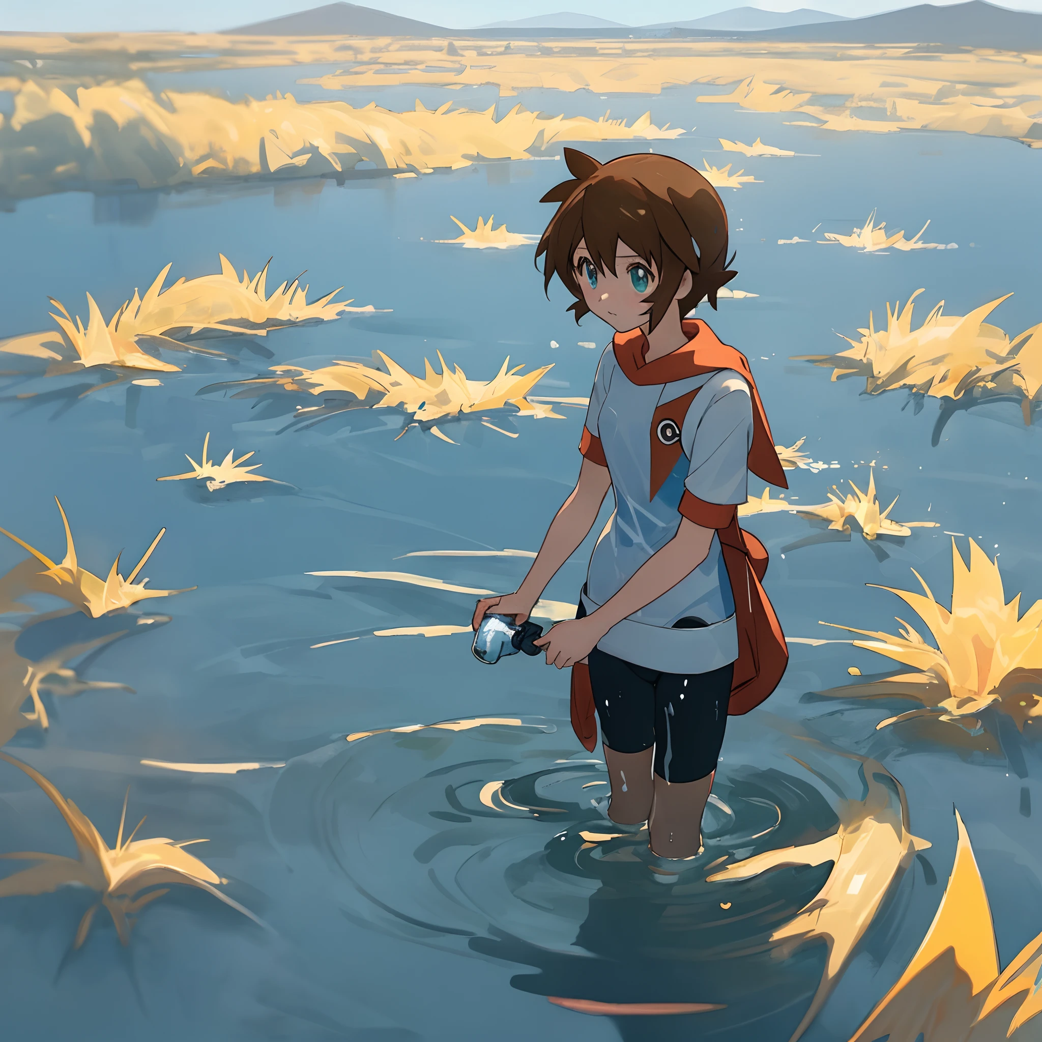 Draw a full-body illustration of a character that resembles the female protagonist Haruka of Pokémon。She was dressed like a cyclist.、Drinking water。Water spilled on the costume bathed in sunlight、It's sparkling。She stares beyond the horizon。