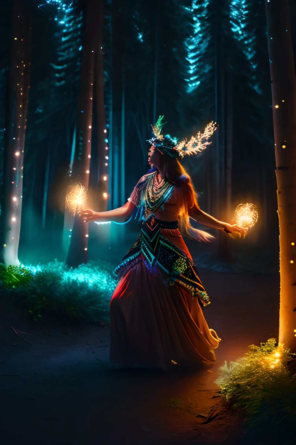 female shaman dancing in a forest of lights