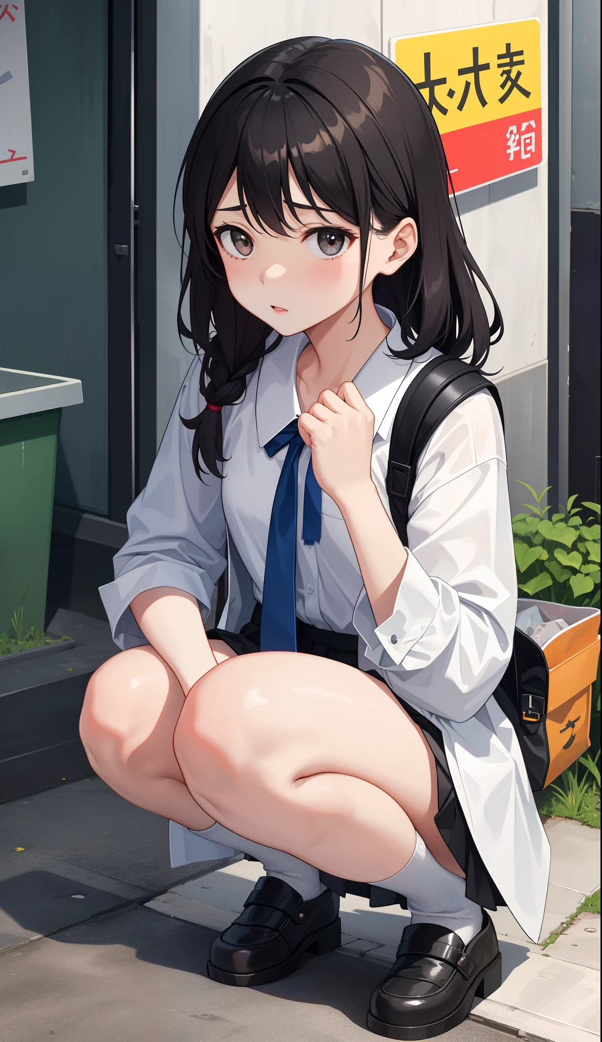 1girl in、AS-Adult、in a street、urinate、During urination、（small tits）、Upper body portrait、