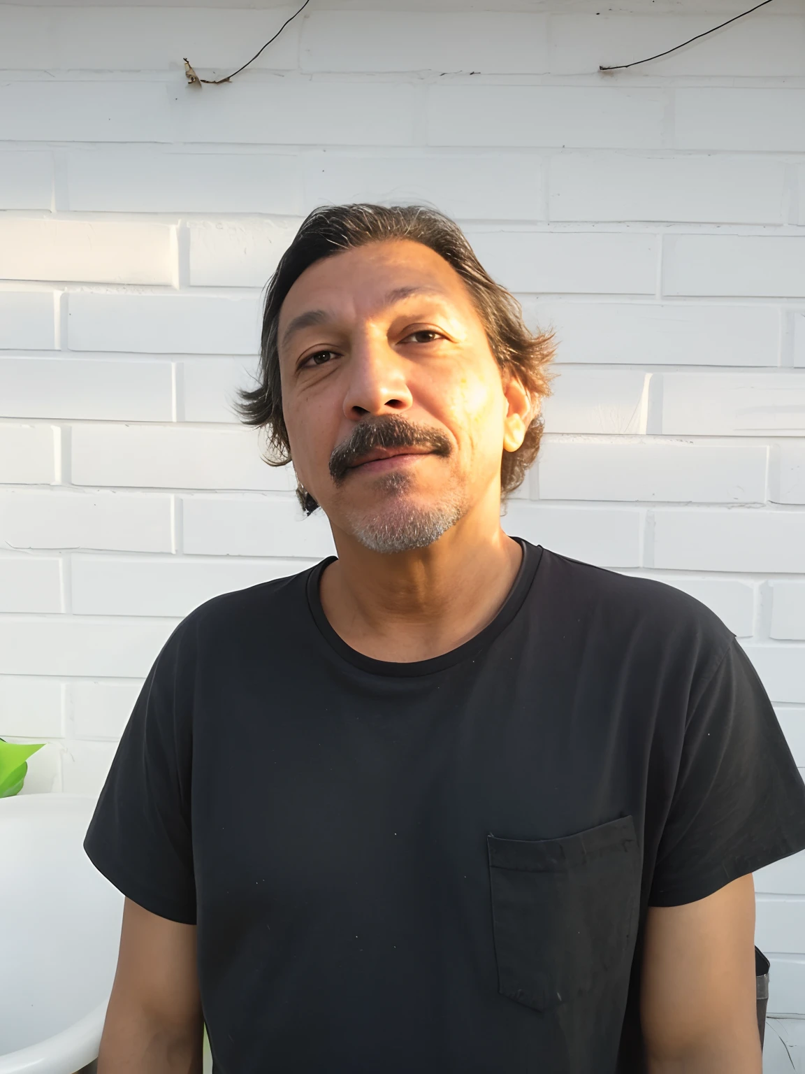 Hay un hombre parado frente a una pared de ladrillos blancos, A photo of a disheveled man, photo of a 50-year-old white man, Luiz Escanuela, Bigote mexicano, Foto de un hombre, victor maristane, Danny Trejo, Carlos Samuel Araya, Danilo Torres, Retrato de Danny Trejo
