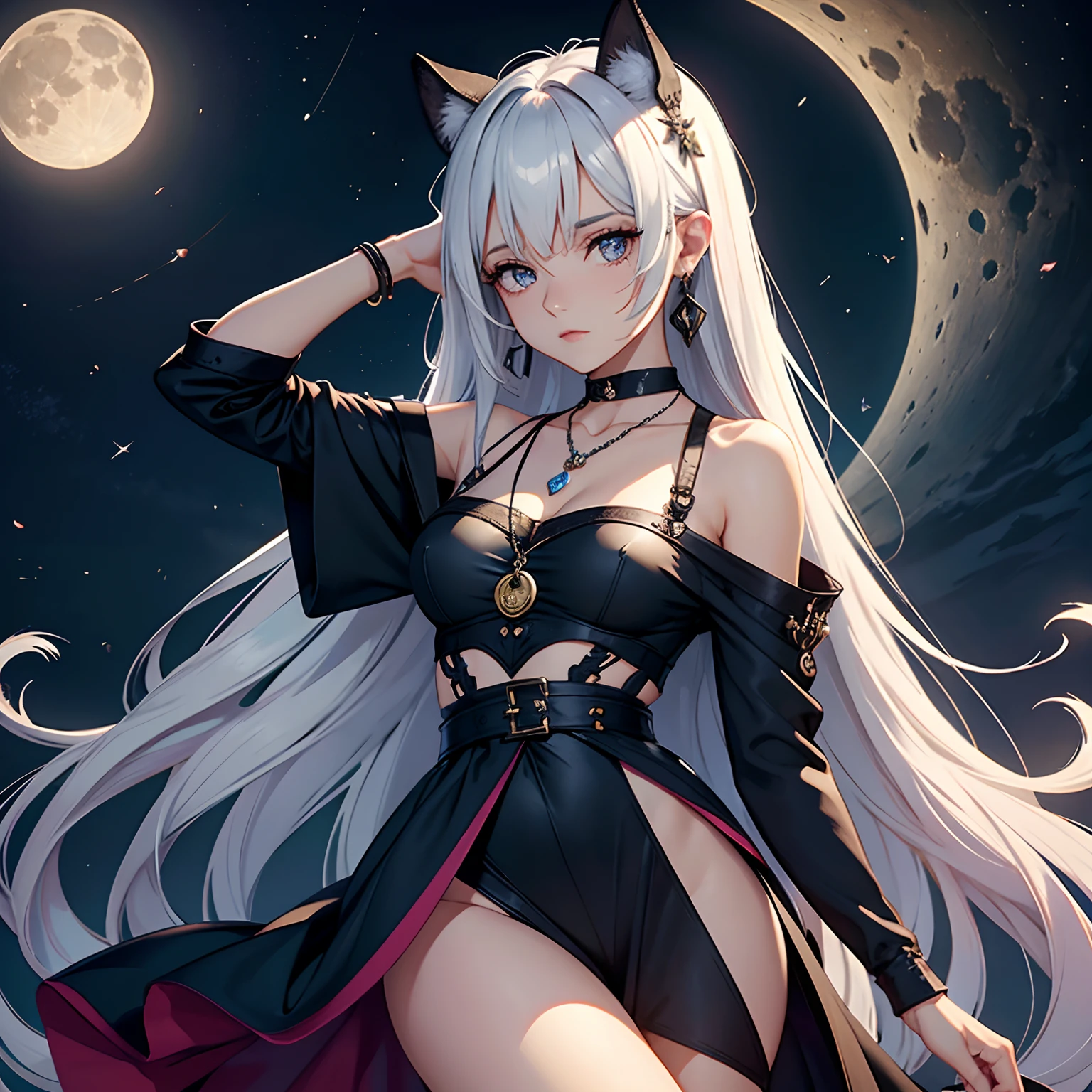 mulher branca de  com cabelos ondulados pretos com duas pequenas mechas loiras, tem olhos castanhos, usa um vestido apertado dark, tem altura baixinha, peitos grandes que mostram na roupa, olhos castanhos, wears a necklace with a moon symbol around her neck, Looks shy but can be intimidating