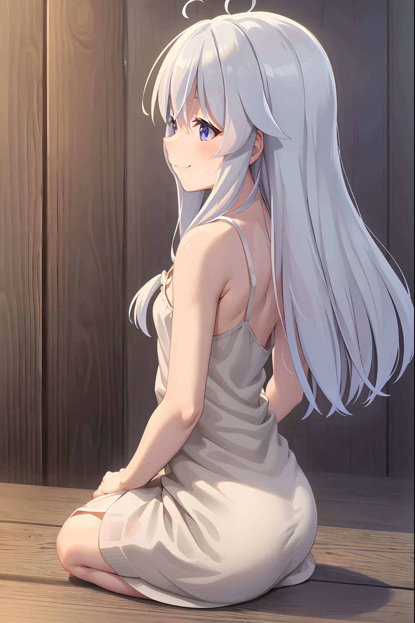 ph elaina, Eoutfit1, elaina (majo no tabitabi), (masterpiece:1.6, best quality), solo, long hair, ahoge, hair between eyes, collarbone, blue eyes, bangs, white hair, sleeveless, bare shoulders, shiny hair, camisole, spaghetti strap, white shirt, purple eyes, shiny, sleeveless shirt, blush, very long hair, sidelocks, sleeveless dress, dress, sweat, smile, sweat , (from side), kneeling, arms behind head