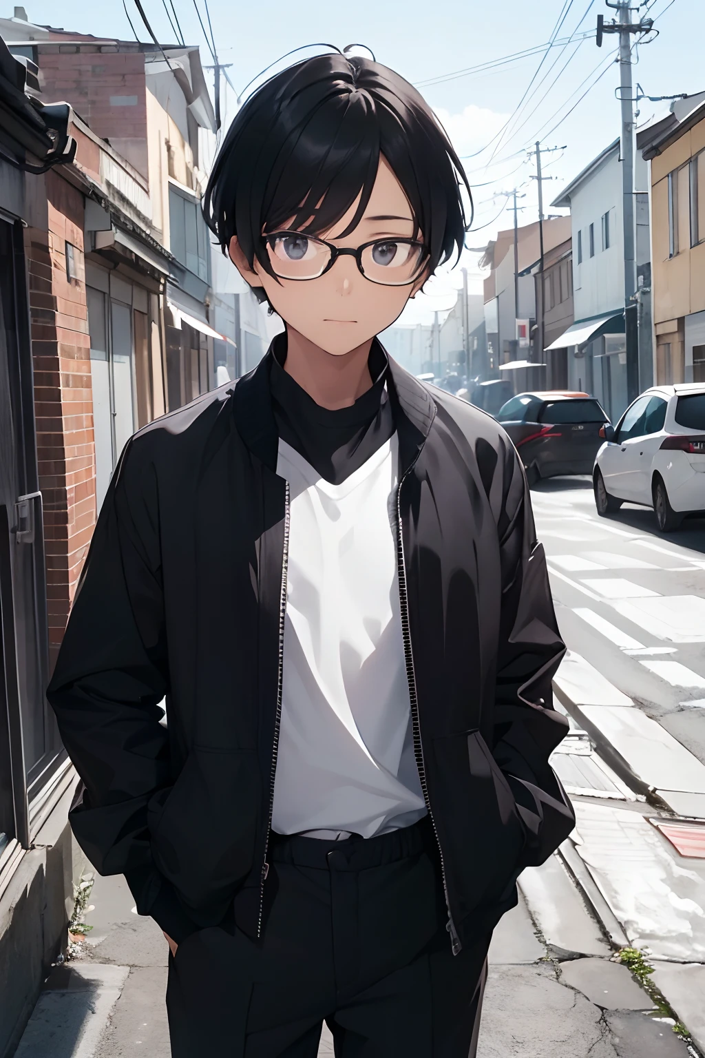 s a 16-year-old boy with black hair, wearing glasses and a simple outfit. He has an open jacket revealing a white shirt underneath, paired with black pants and sneakers. His face bears a slight smile as he stands alone in the scene, looking directly at the viewer. The background behind him consists of plain white walls which add to his minimalistic appearance. Characteristics: Antisocial, intelligent, talented but rejected by father
Clothing: Black framed eyewear (glasses), black jacket opened slightly, white shirt, black pants, sneakers