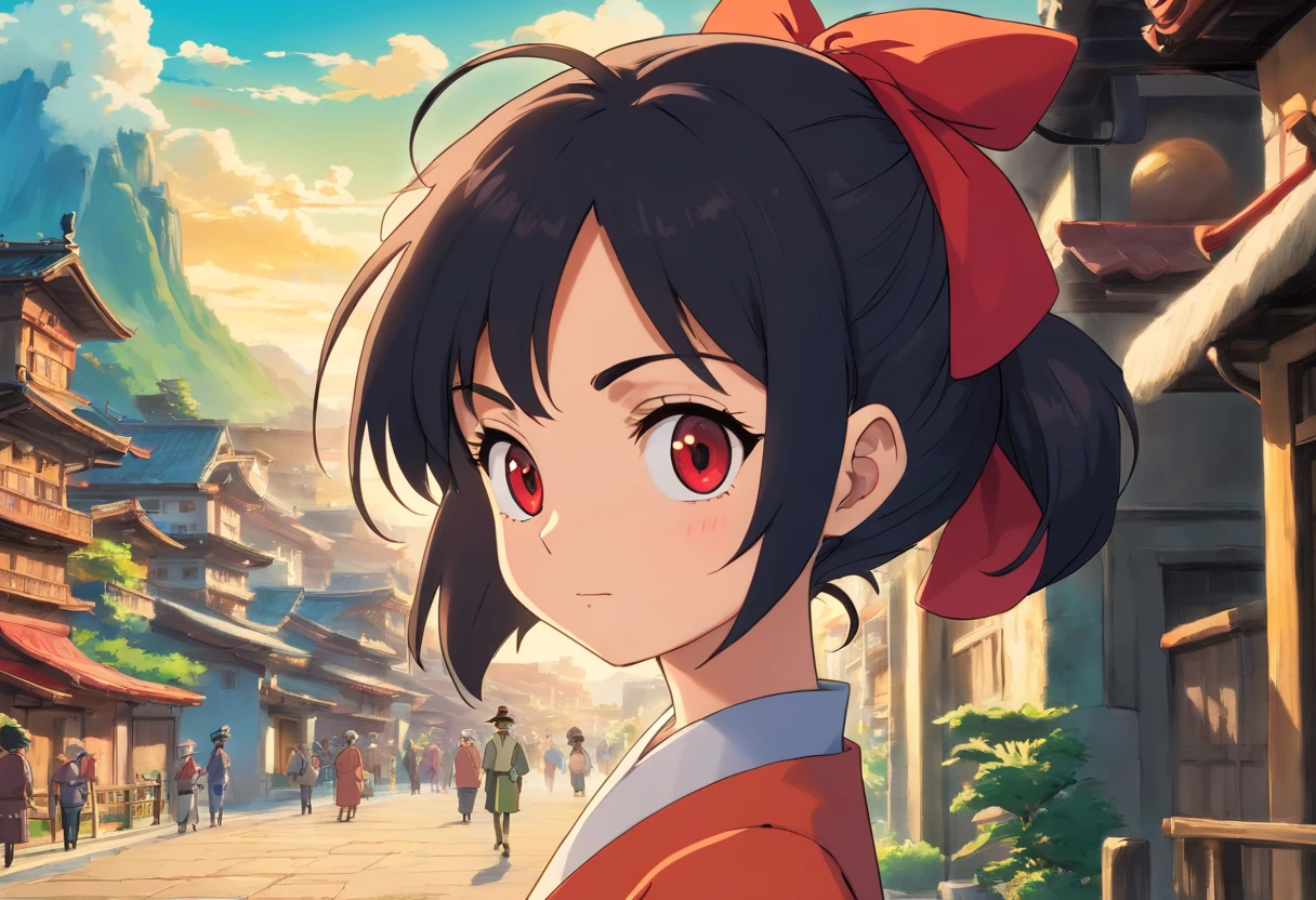 Videl de dragon ball con el cabello color negro corto y
unos ojos color cafe con un traje de copo rojo que le llega asta las rodillas con unos tokones color negro de curpo entero y en el fondo esta una ciudad con edificios que le rebotan la luz del sol