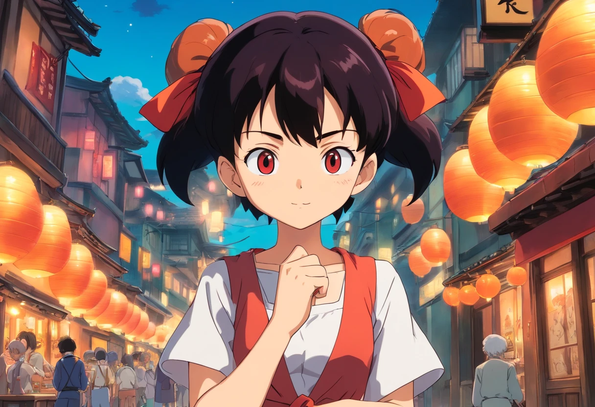 Videl de dragon ball con el cabello color negro corto y
unos ojos color cafe con un traje de copo rojo que le llega asta las rodillas con unos tokones color negro de curpo entero y en el fondo esta una ciudad con edificios que le rebotan la luz del sol