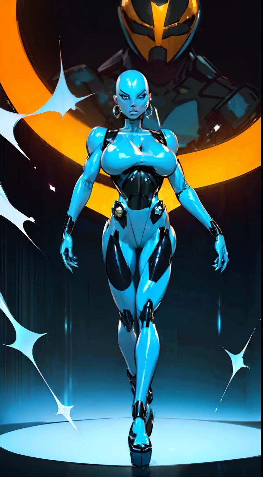 ((Radiant Aura:1.7)), 8k ((full body view))((view from below:1.6)) (large eyes:1.3), defined cheekbones, looking back, ((the pit style:1.4))((sleek chrome bodysuit:1.6)) ((zentai bodysuit:1.6)), ((visor))((intricate metal details:1.4))detailed face:1.5), lightblue skin,(puffy lips:1.5) (lightblue skin:1.6), (bald woman:1.7), (skinhead) ((sexy pose)),(Muscular:1.3), ((gigantic breasts:1.5)), )highly detailed, majestic, digital photography, art by artgerm and ruan jia and greg rutkowski, ((metal shoulder pads:1.2)), (masterpiece), sidelighting, intricate details, black and blue color palette