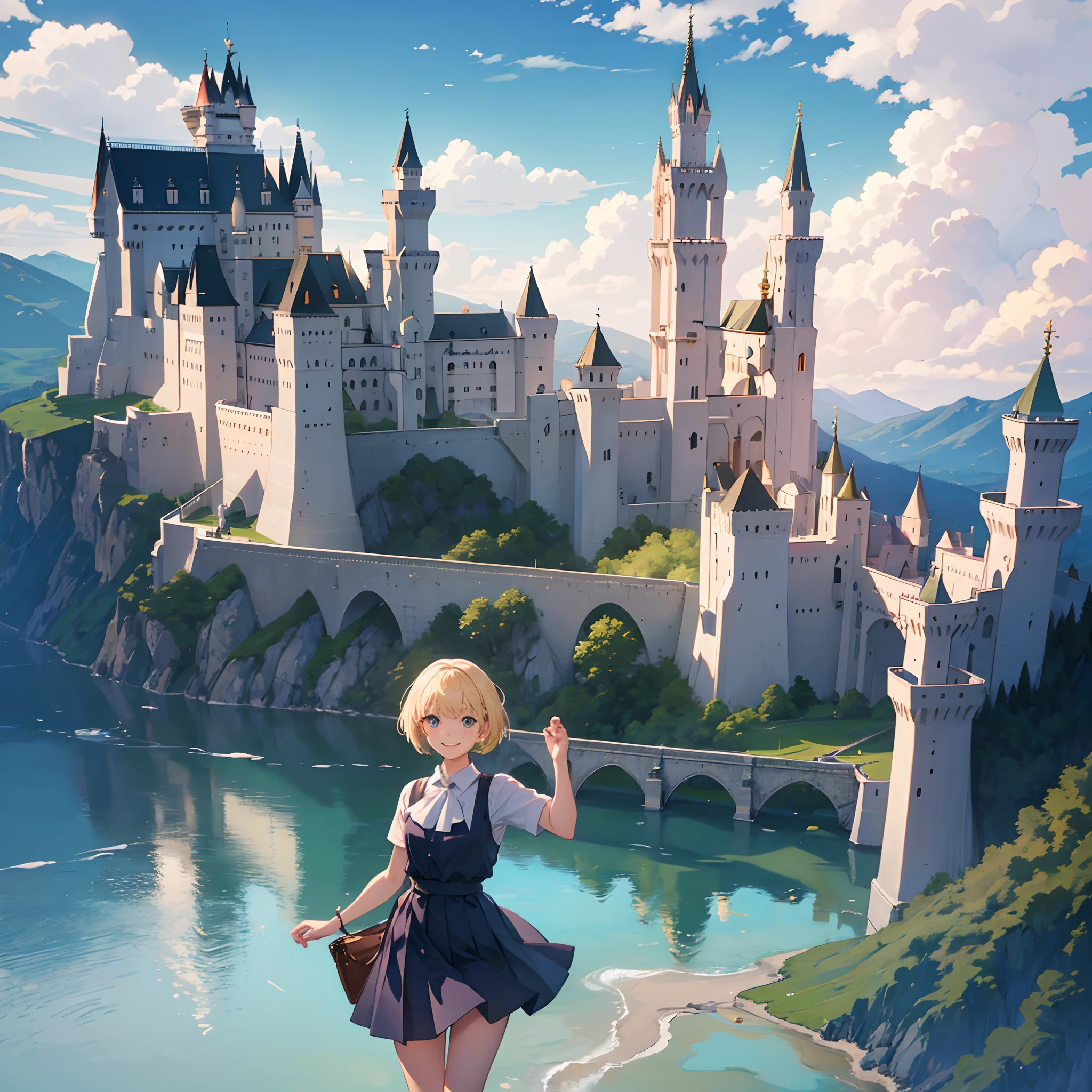 Masterpiece, 1 girl, smiling, european, skirt, (small) chillerism, short blonde hair, Neuschwanstein Castle, summer