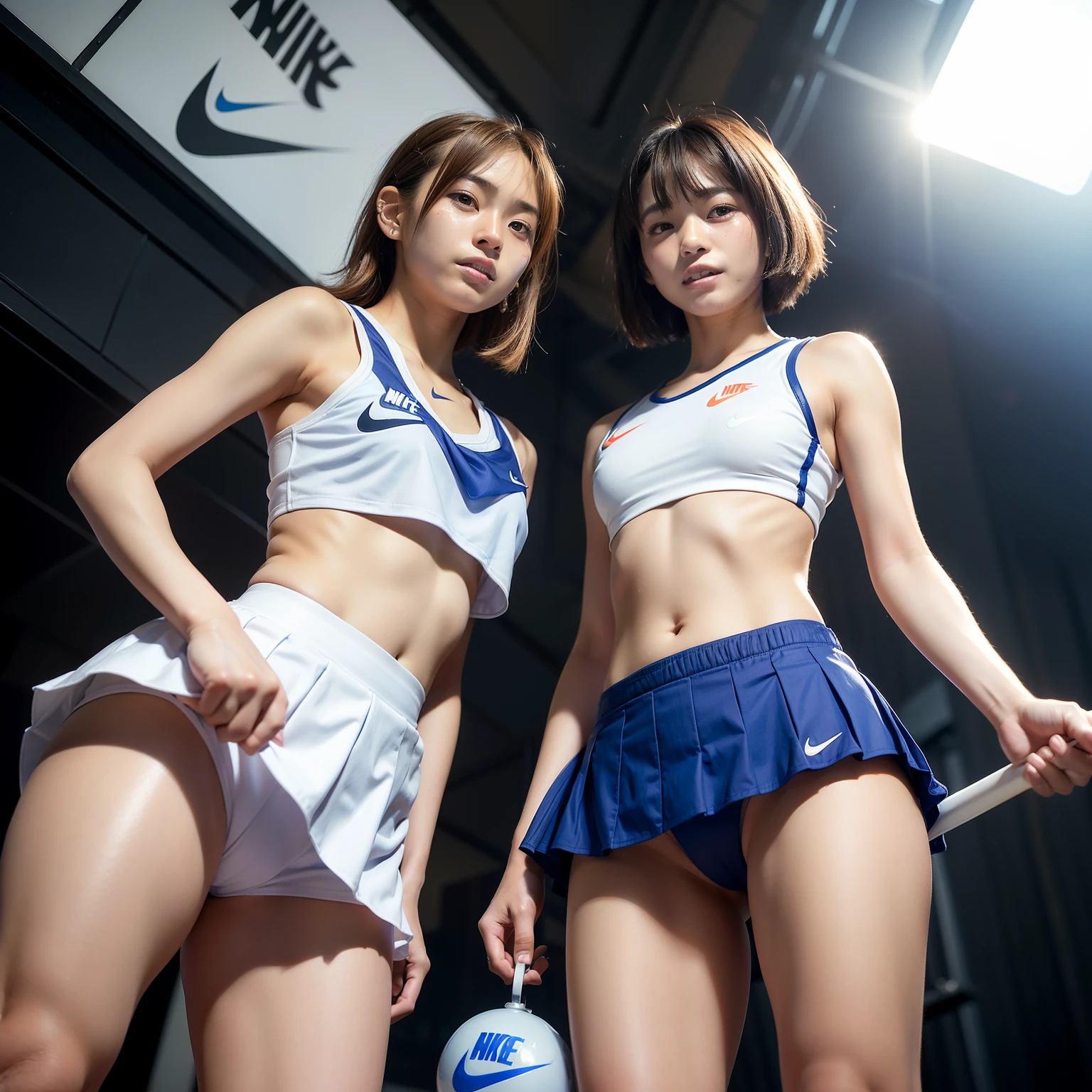 (2girls:1.2), (a detailed full-body RAW photo of a girl), (masutepiece:1.0), (Best Quality:1.4), (超A high resolution:1.2), (Photorealistic:1.4), 8K resolution, Canon EOS R5, 50 millimeters, absurderes, ultra-detailliert, (18 year old), Sharp Focus, Cinematic lighting, Detailed beautiful face, (no-makeup:1.2), (ulzzang -6500-v1.1), petite figure, Detailed skin texture, flat chest, (skinny and fit body:1.6), Detailed brown hair, sweltering,(Very short hair:1.5), (Very thin fit blue and white Nike short cheerleader uniform:1.5), (tight miniskirt:1.3), (Tube Top:1.3), (See-through:1.2), realistic glistening skin, (Sweating:1.3), Detailed texture, (Japan National Team Players:1.5), (flat chest:1.5), (no bra:1.2), (Erect :1.3), (leaning forward), (look back), (From below:1.5), (side veiw), (Cameltoe:1.3)(up skirt:1.5), (sun burn:1.5), (up skirt), (sports gym), (smile with teeth:1.5),