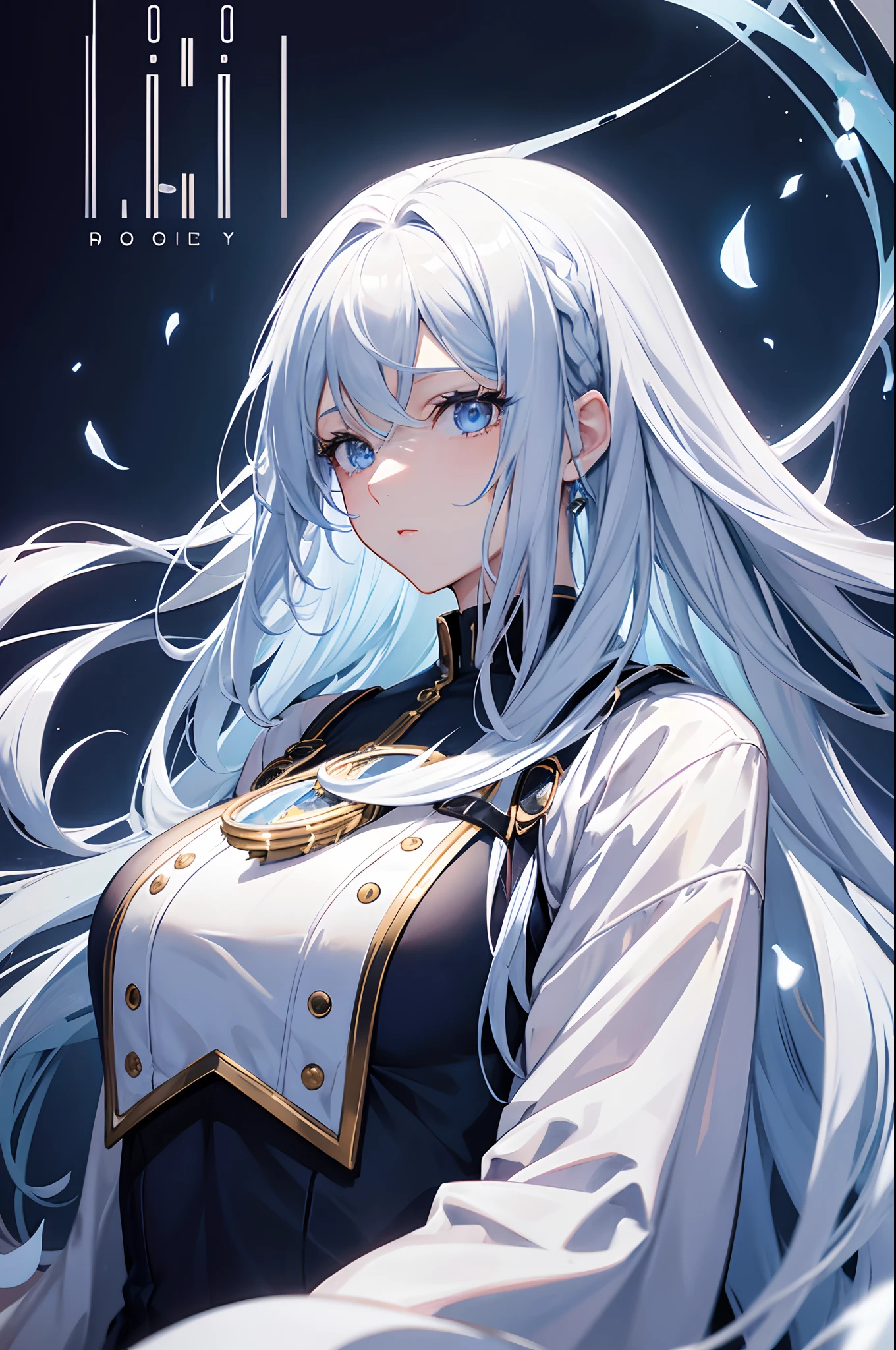 Cover magazine. Anime. Solo. 1-woman. Adult women. A beauty woman with long white hair. Her eyes were light blue. She in modern style. Fantasy. Unusual hairstyle. There are accessories on her clothes. Future theme. Half body potrait. Model. Ice theme. Ice.