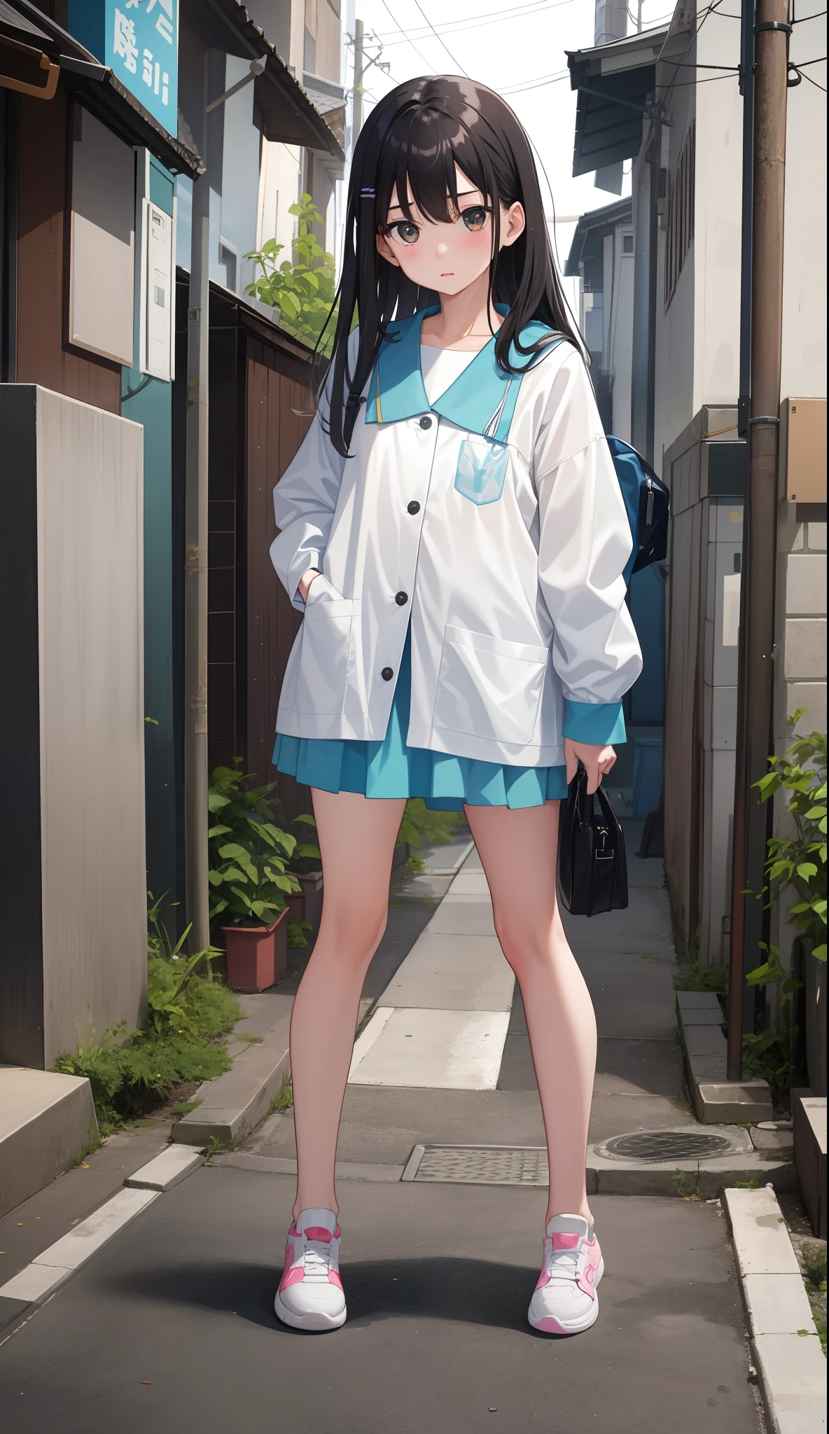 1girl in、AS-Adult、in a street、urinate、During urination、(small tits)、Upper body portrait、