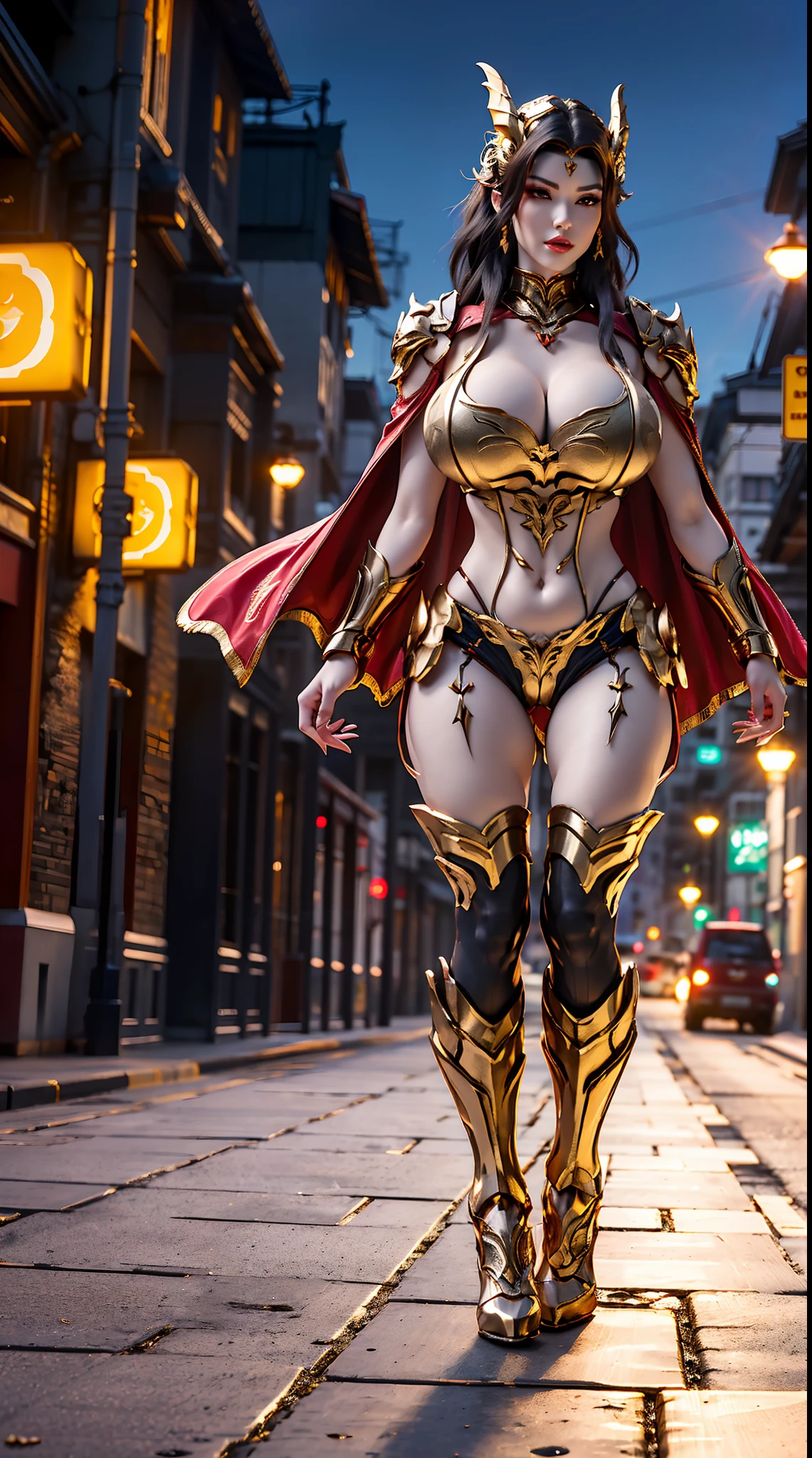 1GIRL, SOLO, (DRAGON HORN HELM), (HUGE FAKE BOOBS:1.3), (RED, GOLD), (STREET CITY BACKGROUND), (FUTURISTIC PHOENIX MECHA BODYSUIT, ROYAL FEATHERS CLOAK, CLEAVAGE:1.2), (SKINTIGHT YOGA PANTS, HIGH HEELS:1.2), (PERFECT BODY, LONG LEGS, FULL BODY VIEW:1.5), (LOOKING AT VIEWER), (WALKING DOWN:1.2), MUSCLE ABS:1.3, ULTRA HIGHT DEFINITION, 8K, 1080P.