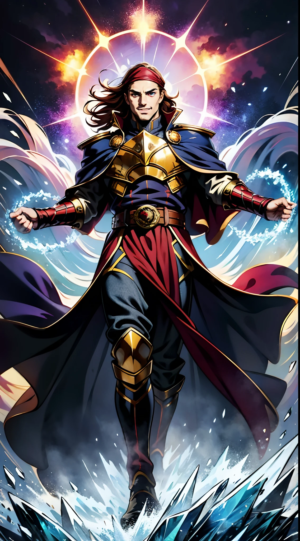 A man with long reddish-brown hair, wearing a red headband, an Eastern European face, deep and confident eyes, a confident smile, a red elongated totem mark on his face, a tall and strong physique, he wears a fantasy-style overlord attire, a blue-gold thick breastplate, a black tight-fitting undershirt, a massive cloak with heavy metal decorations, that cloak covers most of his body, thick red and blue heavy gauntlets, a metal belt with a thick long skirt-like hem, black pants, metal leg guards that match the gauntlets, he steps on the space with an awe-inspiring presence, a red-blue energy surrounds him, a red-blue Power surrounds him, Blue-white frost swirls around him, crystallizing into blue ice, red flames wrap around him, green energy dances in the surroundings, purple currents surge around him, this character embodies a finely crafted fantasy-style overlord in anime style, characterized by an exquisite and mature manga illustration art style, high definition, best quality, highres, ultra-detailed, ultra-fine painting, extremely delicate, professional, anatomically correct, symmetrical face, extremely detailed eyes and face, high quality eyes, creativity, RAW photo, UHD, 8k, Natural light, cinematic lighting, masterpiece:1.5