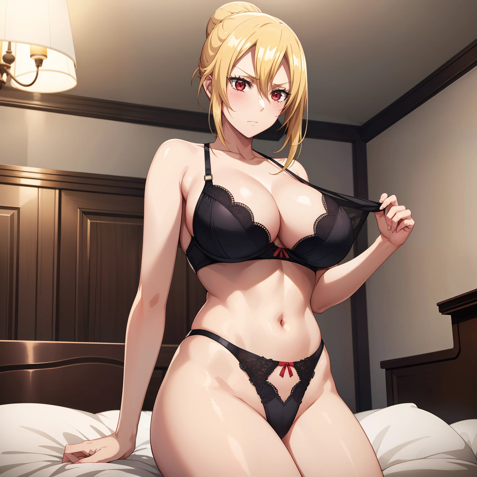 1girl,big breasts,hotel room,bed,(8k),
,detailed face,blond hair,red eyes,medium hair,bun,embarassed,shy,high_res, high_definition,battlefield,sexy pose,black sexy lingerie,