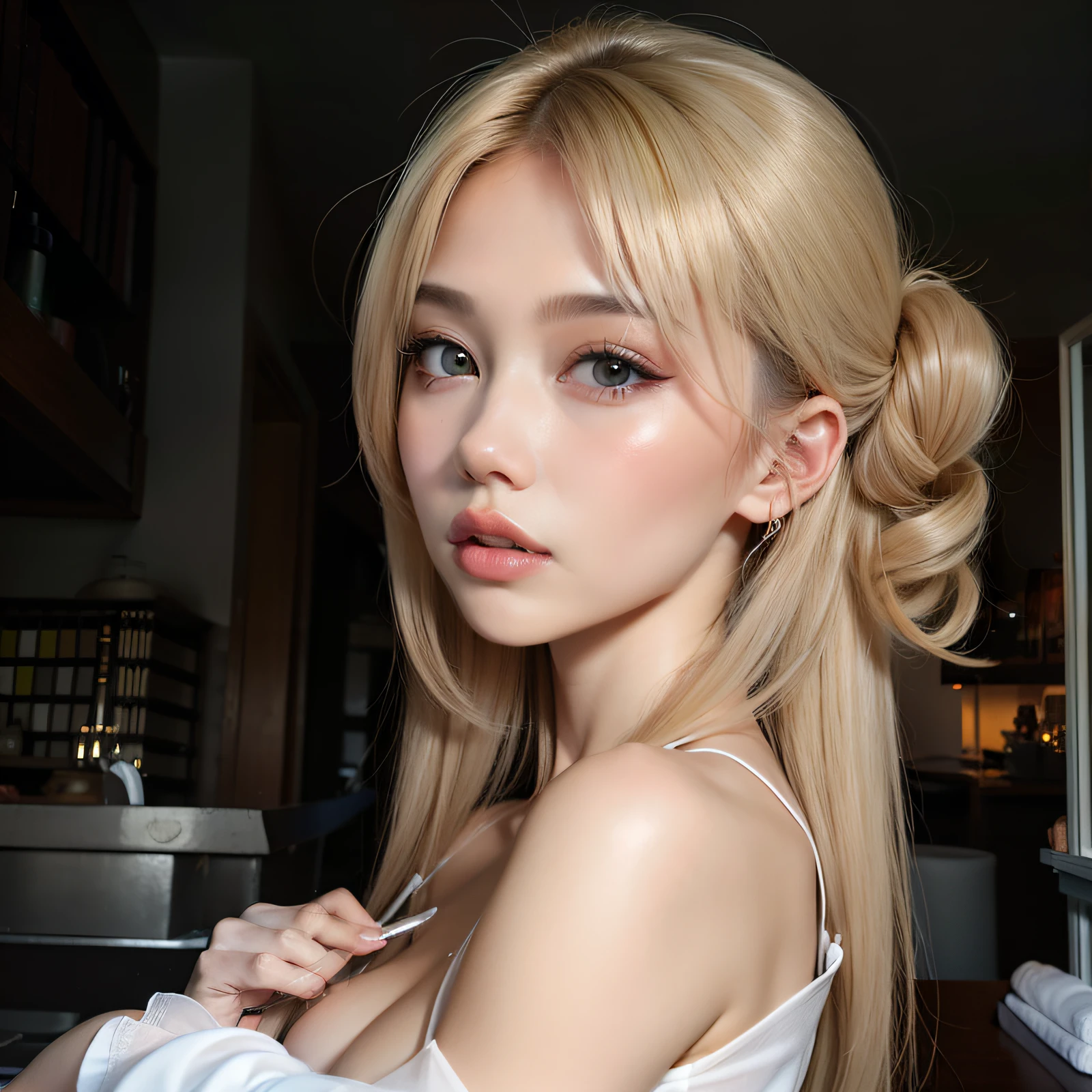 Mulher loira com olhos azuis e cabelos longos posando para uma foto, longos cabelos loiros e olhos grandes, Lalisa Manobal, com longos cabelos loiros, com cabelos longos e olhos penetrantes, Ilya Kuvshinov com cabelo longo, longos cabelos loiros e olhos grandes, basia tran |, cabelos longos com franja, O corte Hime, branco hime corte penteado