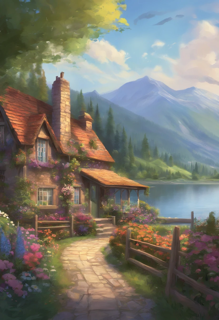 Painting of the cottage, Flowers by the fence, Fences along the road, Mountainous landscape with lake and boats, Illustration matte painting, inspired by Thomas Kinkade, symmetric matte painting, detailed scenic view , style raw, 8 K ultra-detailed