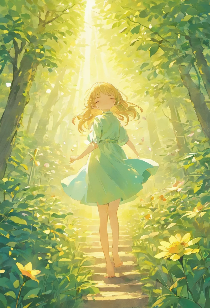 (Best quality,A high resolution),A girl watching a beautiful sunrise in a vibrant garden,Happy moments,Freedom,pure joy,inner peace,The warmth of the morning sun,The sun gently illuminates her face and hair,A gentle breeze caressed her skin,flowers in full bloom,An explosion of colors and smells,Grass scratches her bare feet,The toes are buried in soft soil,Playful butterflies dance around her,Leaves whispering on trees,a peaceful and serene atmosphere,serenity and calm,A moment of self-care,Let go and embrace the moment,Find inner happiness,Inner strength and resilience,Embrace forgiveness and self-love,Reduce the burden,Offload the heart,Sparkling eyes filled with contentment,Simple pleasures in life,A blissful moment of loneliness,Embrace imperfection and self-acceptance,A journey of self-discovery and growth.