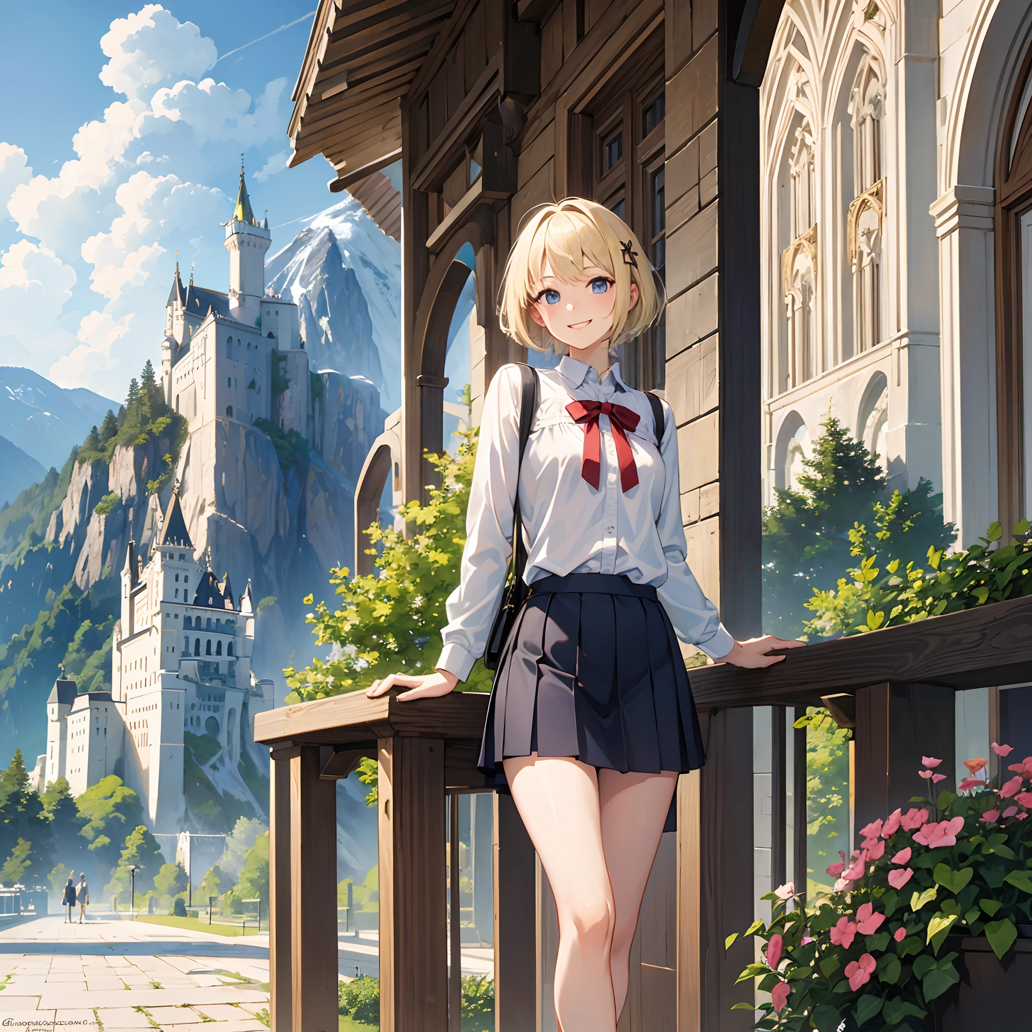Masterpiece, 1 girl, smiling, european, skirt, (small) chillerism, short blonde hair, Neuschwanstein Castle, summer