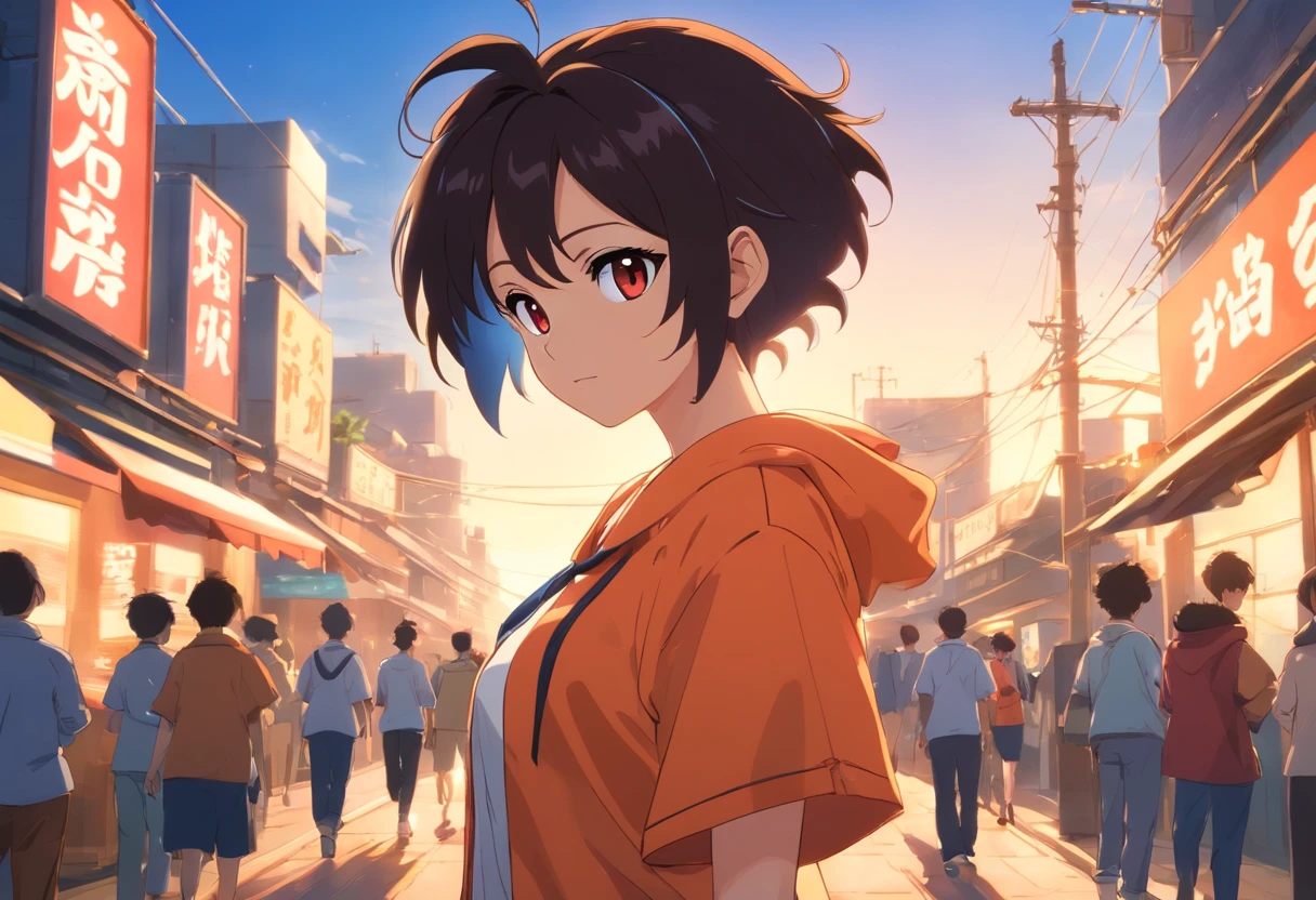 Videl de dragon ball de cuerpo entero con el cabello color negro corto y
unos ojos color cafe con un traje de copo rojo que le llega asta las rodillas con unos tokones color negro y tien unos pechos mediano y en el fondo esta una ciudad con edificios que le rebotan la luz del sol